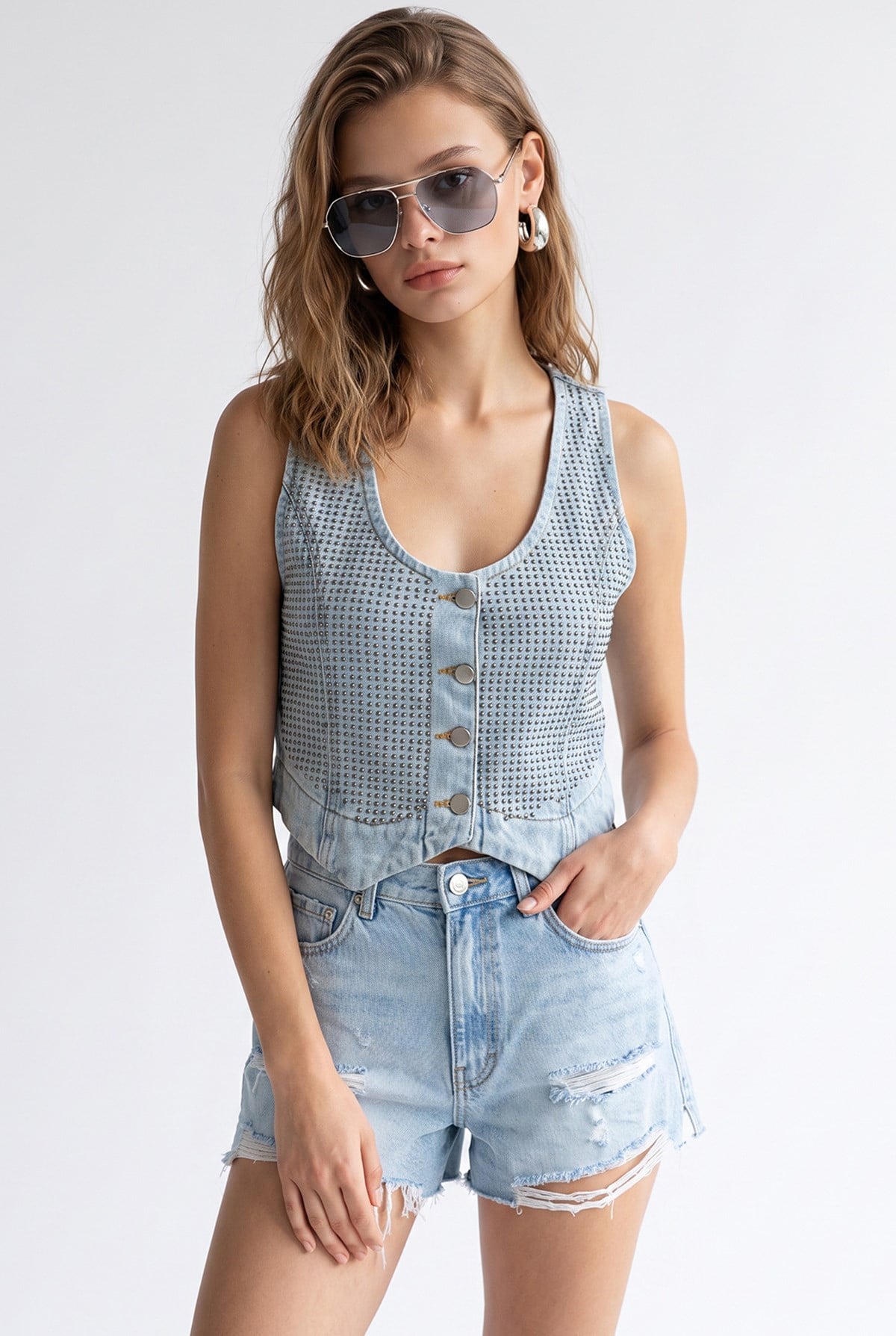 2210 Kadın Taş İşlemeli Sırt Dekolteli Denim Yelek Mavi