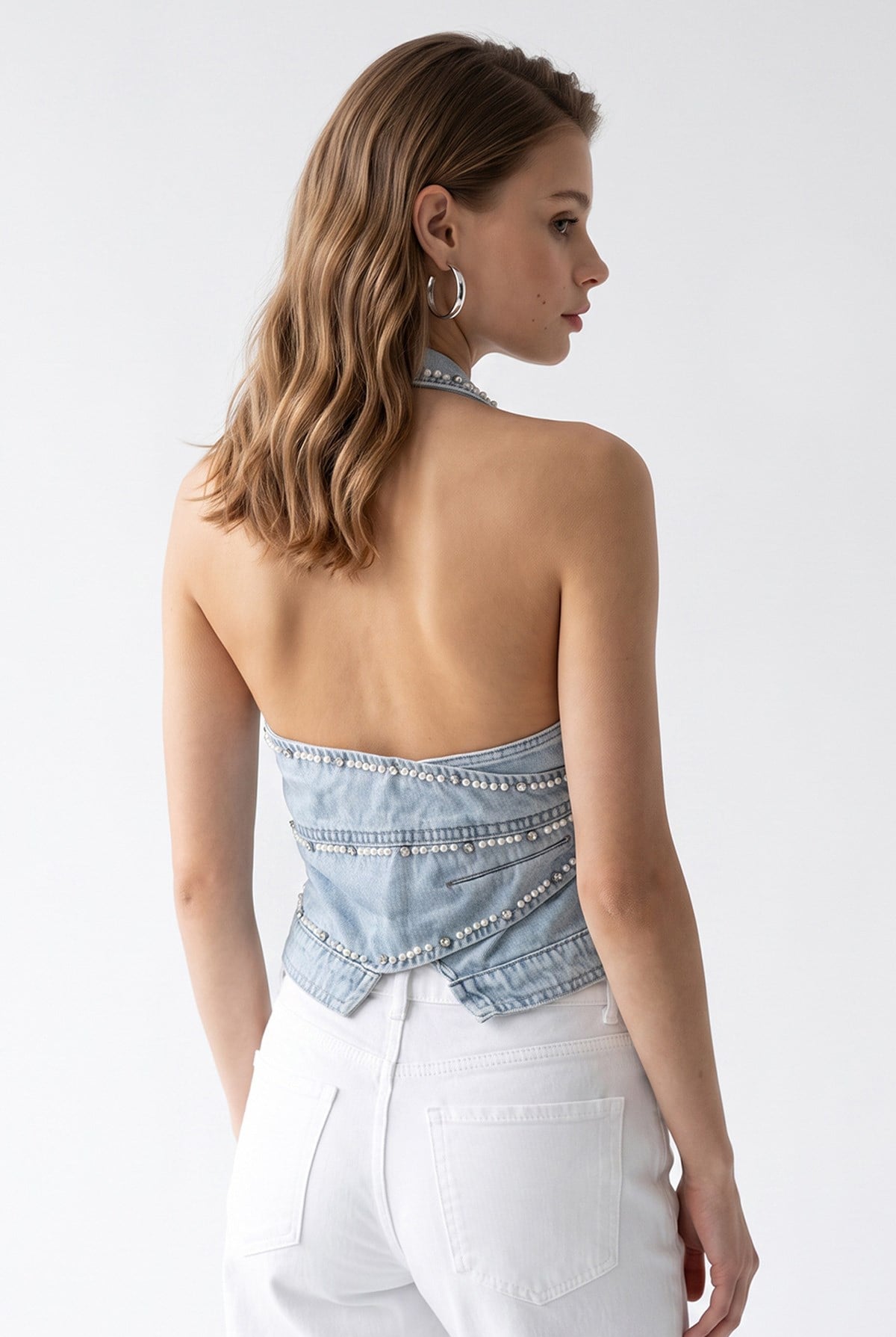 2212 Kadın İnci Detaylı Sırt Dekolteli Denim Yelek Mavi