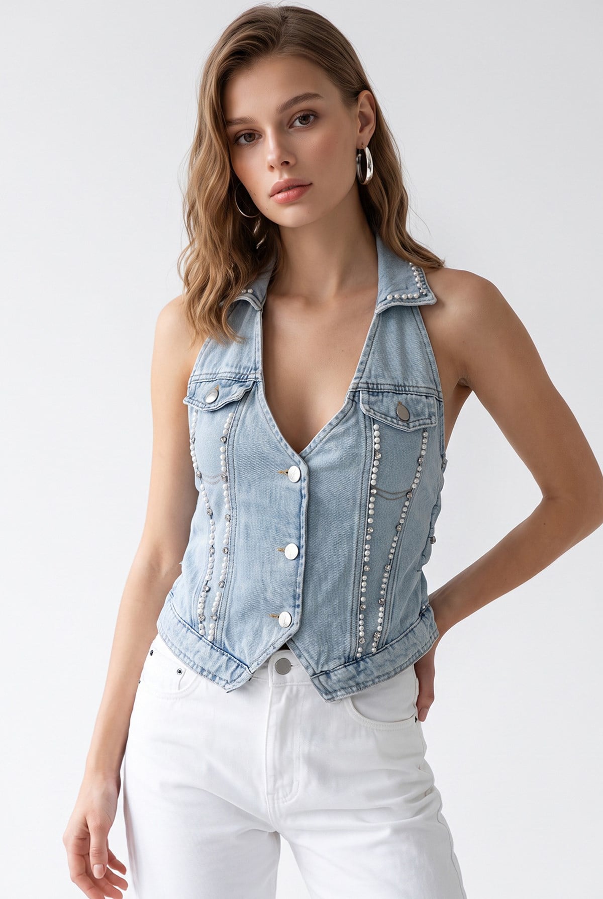 2212 Kadın İnci Detaylı Sırt Dekolteli Denim Yelek Mavi