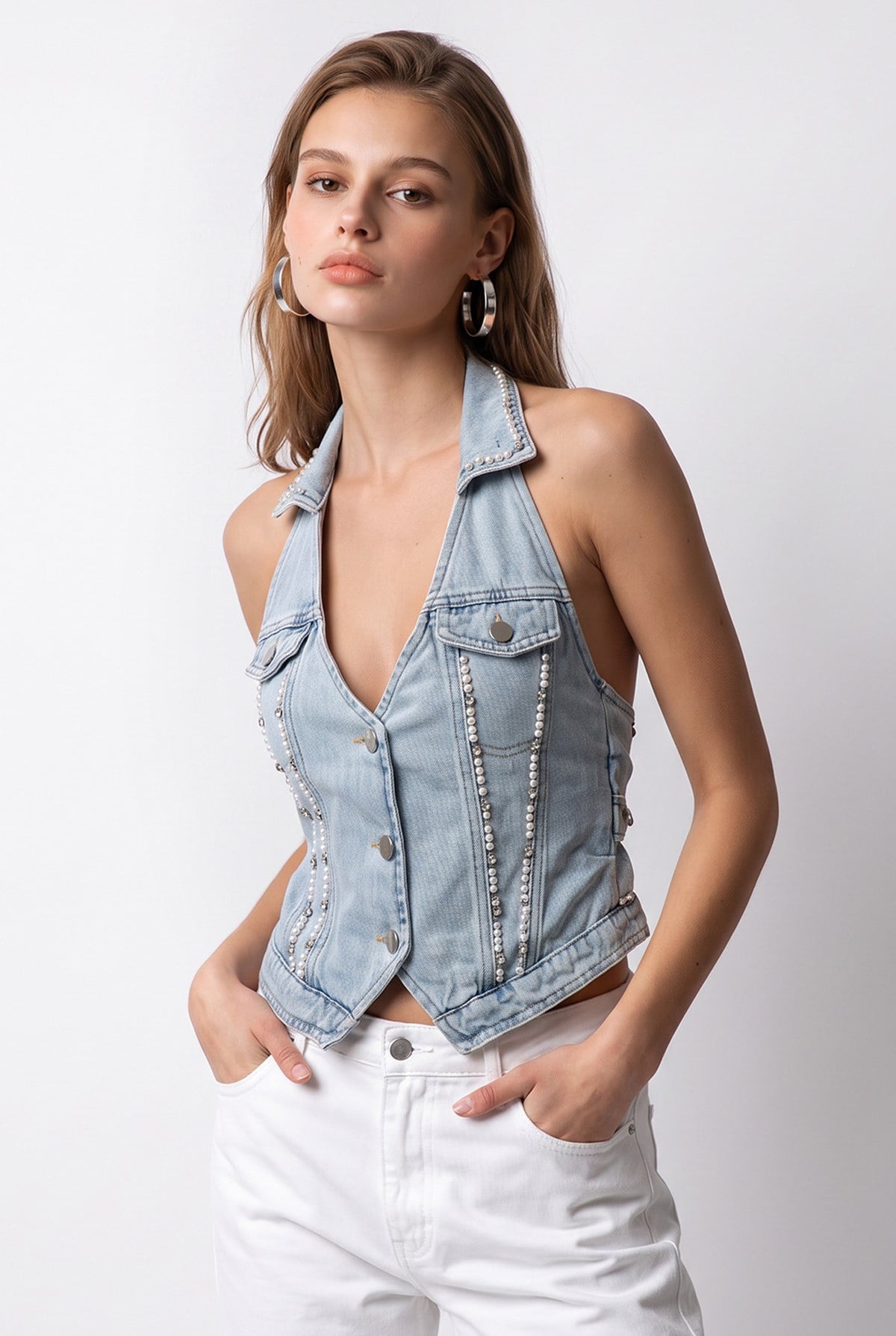 2212 Kadın İnci Detaylı Sırt Dekolteli Denim Yelek Mavi