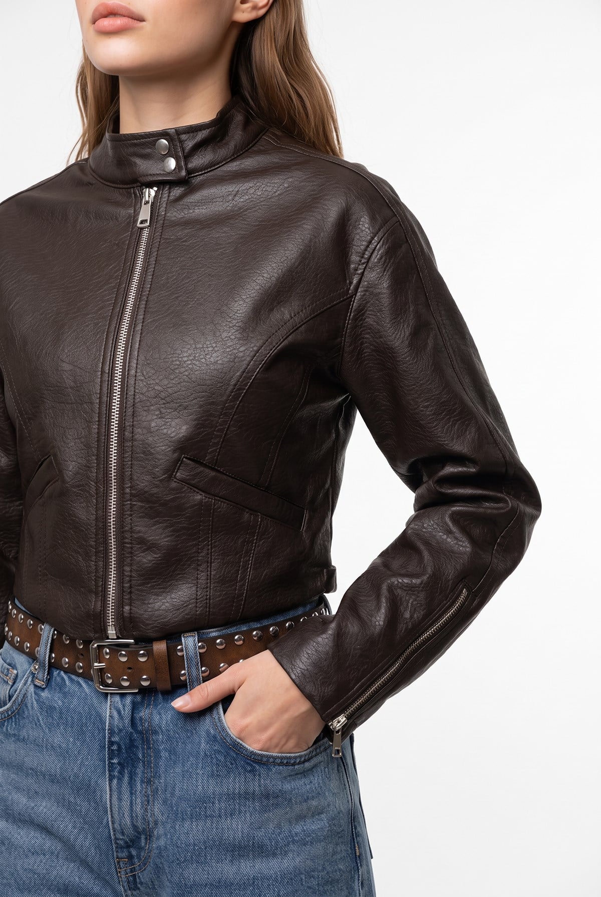 2217 Kadın Dik Yaka Fermuarlı Deri Biker Ceket Kahve