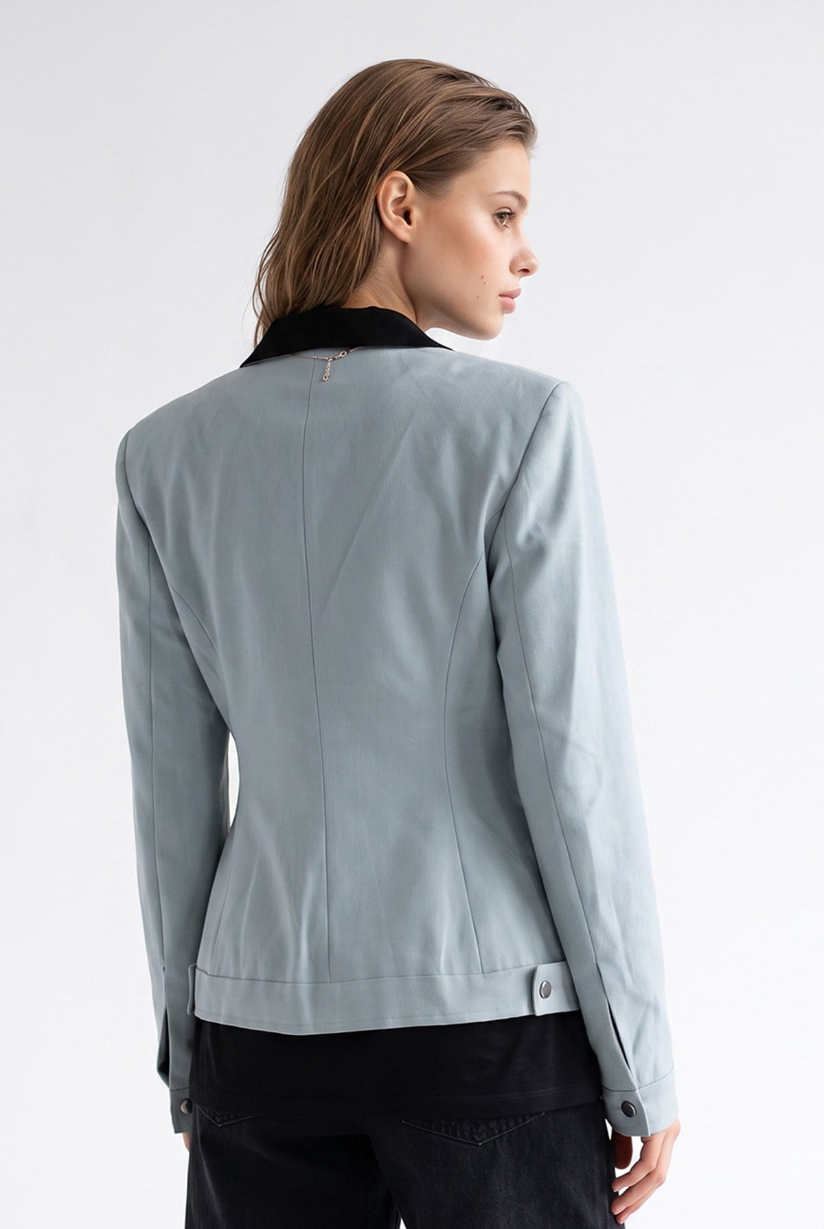 2226 Kadın Astarlı Fileto Cepli Çift Fermuar Slim Fit Ceket Buz Mavisi