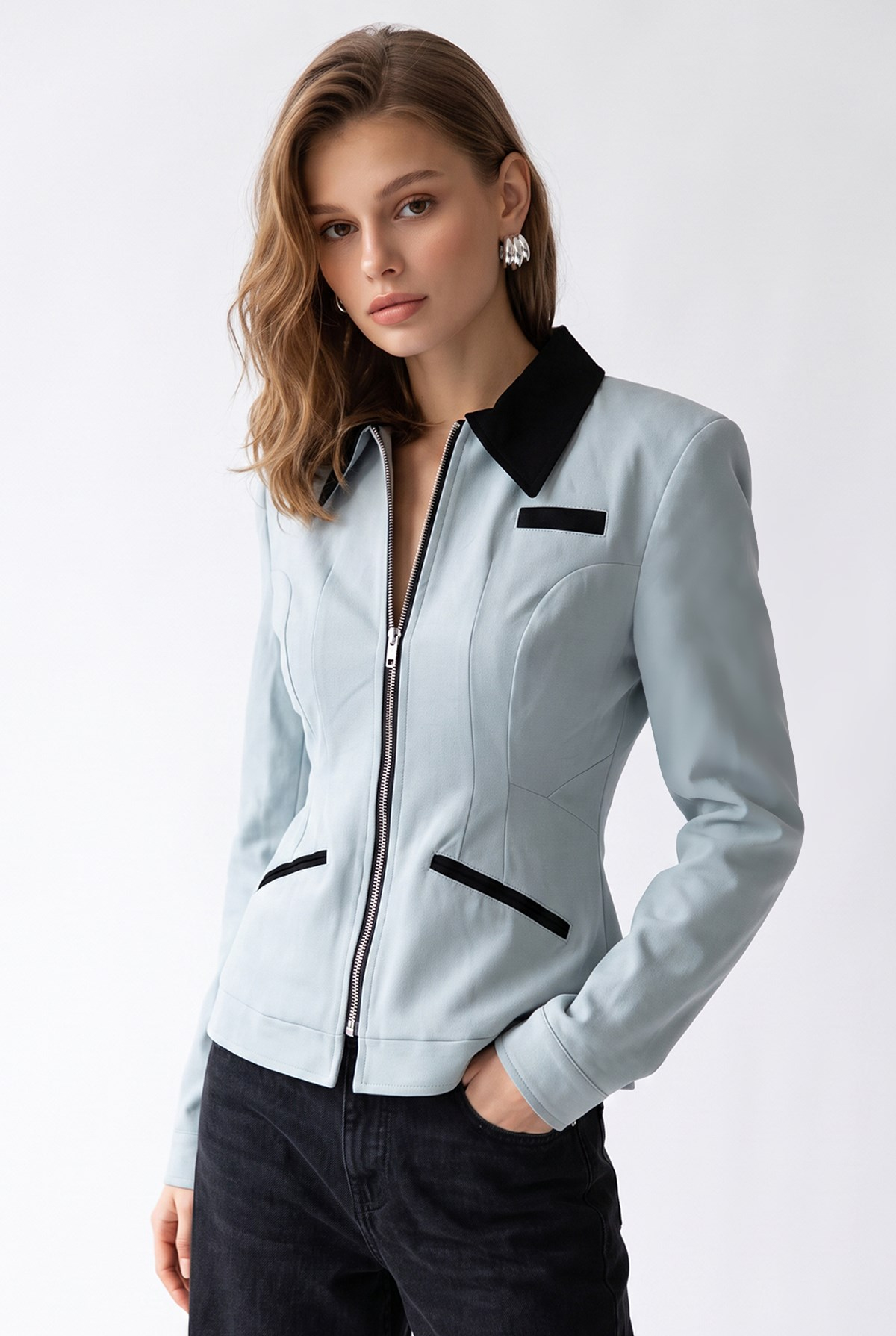 2226 Kadın Astarlı Fileto Cepli Çift Fermuar Slim Fit Ceket Buz Mavisi