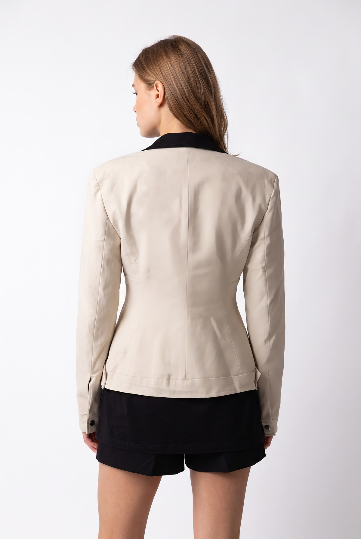 2226 Kadın Astarlı Fileto Cepli Çift Fermuar Slim Fit Ceket Taş
