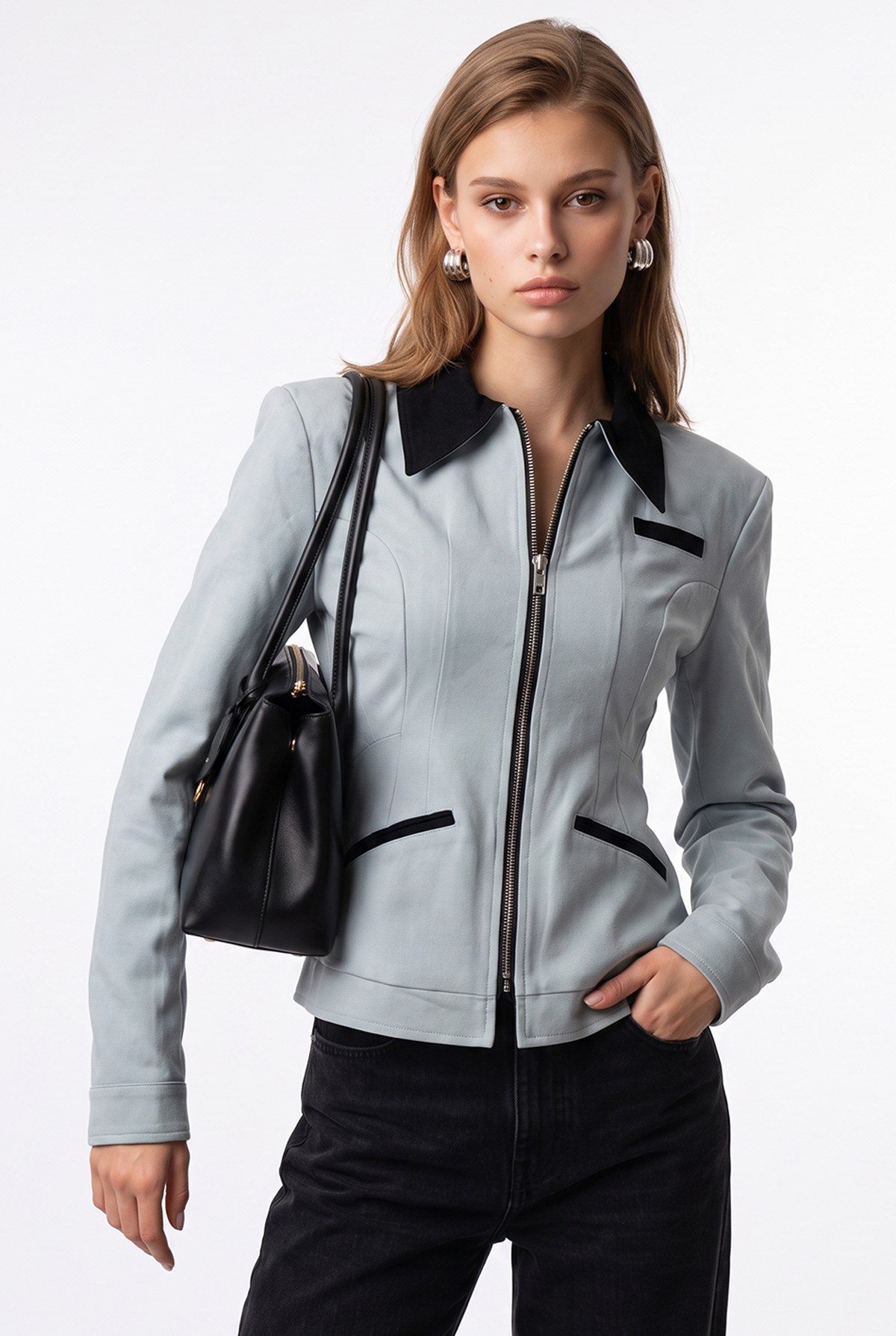 2226 Kadın Astarlı Fileto Cepli Çift Fermuar Slim Fit Ceket Buz Mavisi
