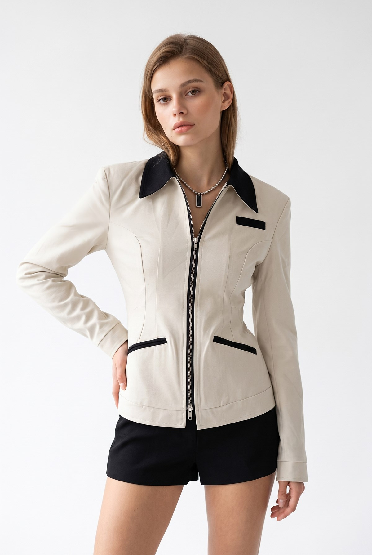 2226 Kadın Astarlı Fileto Cepli Çift Fermuar Slim Fit Ceket Taş