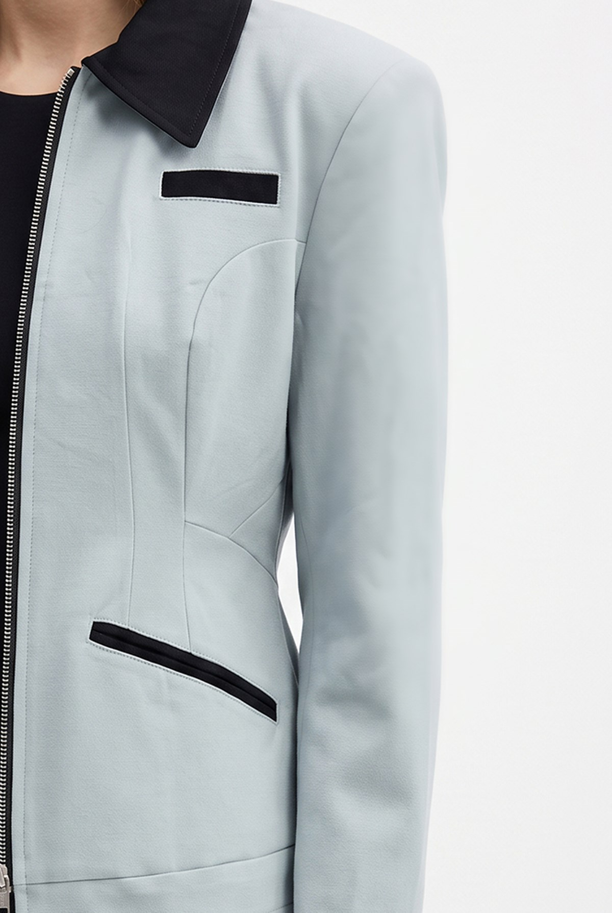 2226 Kadın Astarlı Fileto Cepli Çift Fermuar Slim Fit Ceket Buz Mavisi