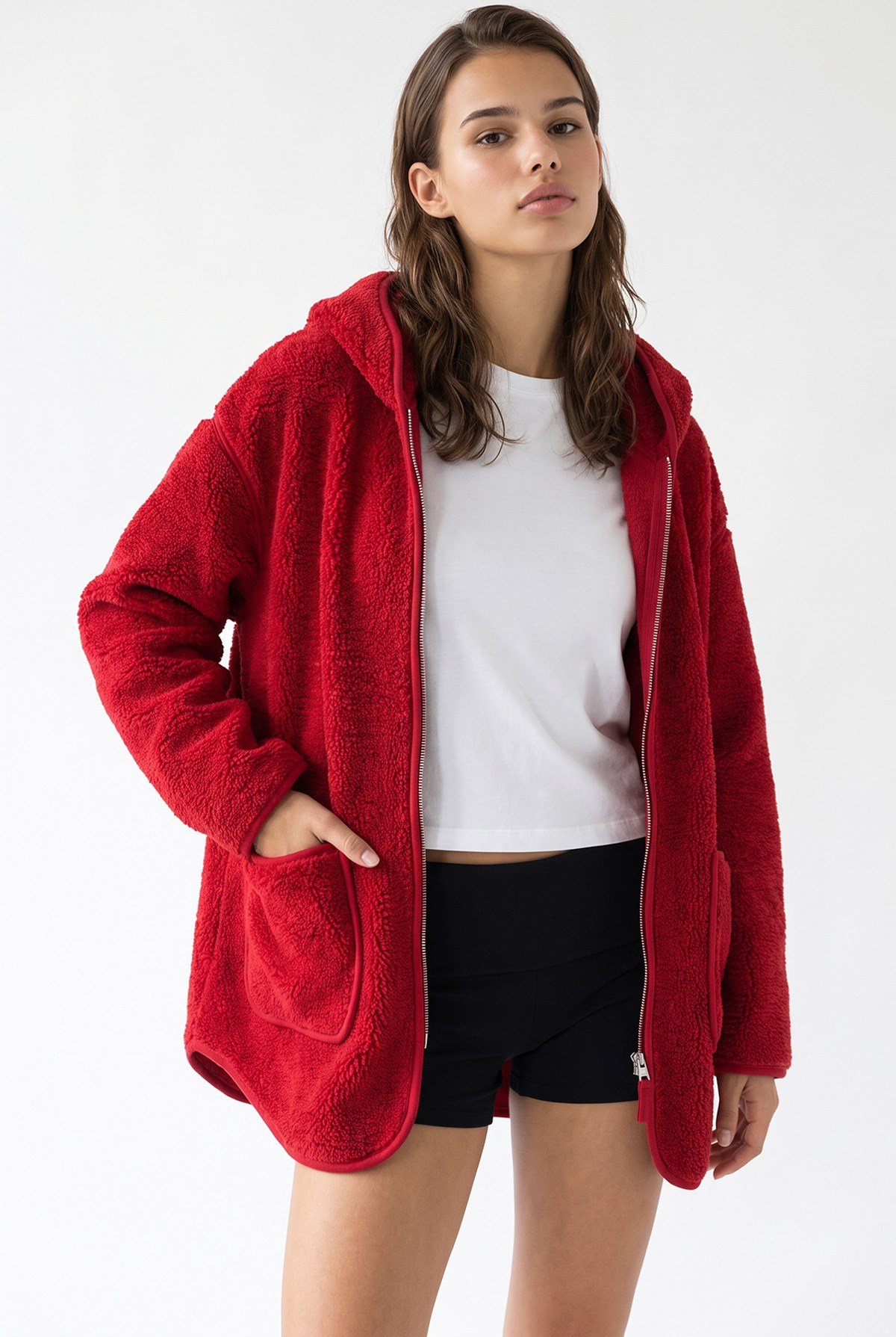 2233 Kapüşonlu Cepli Fermuarlı Yumuşak Doku Polar Sweatshirt Kırmızı