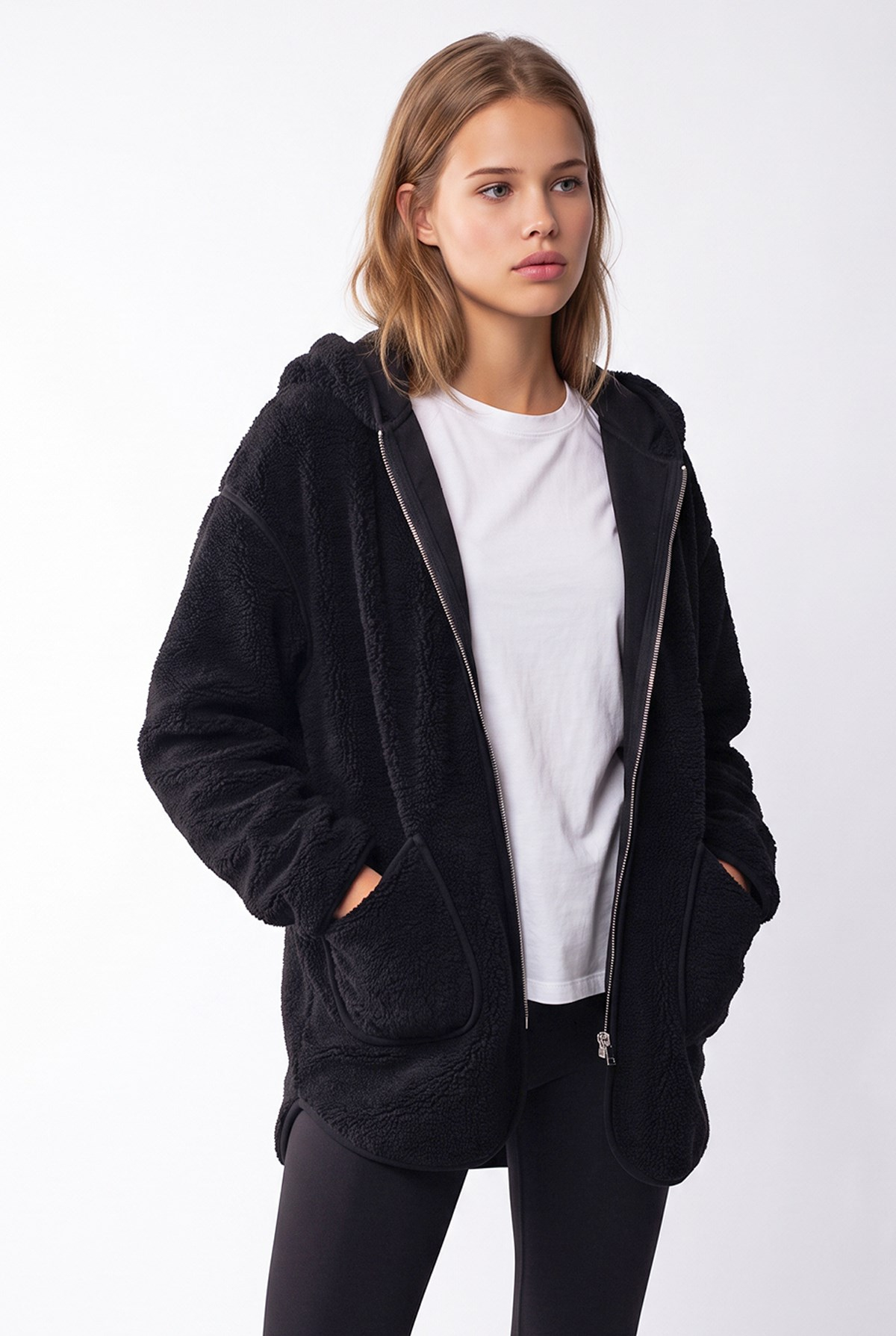 2233 Kapüşonlu Cepli Fermuarlı Yumuşak Doku Polar Sweatshirt Siyah