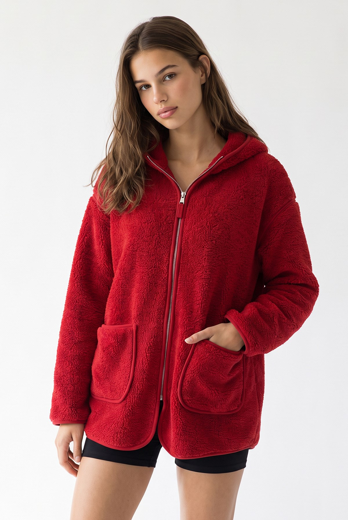 2233 Kapüşonlu Cepli Fermuarlı Yumuşak Doku Polar Sweatshirt Kırmızı