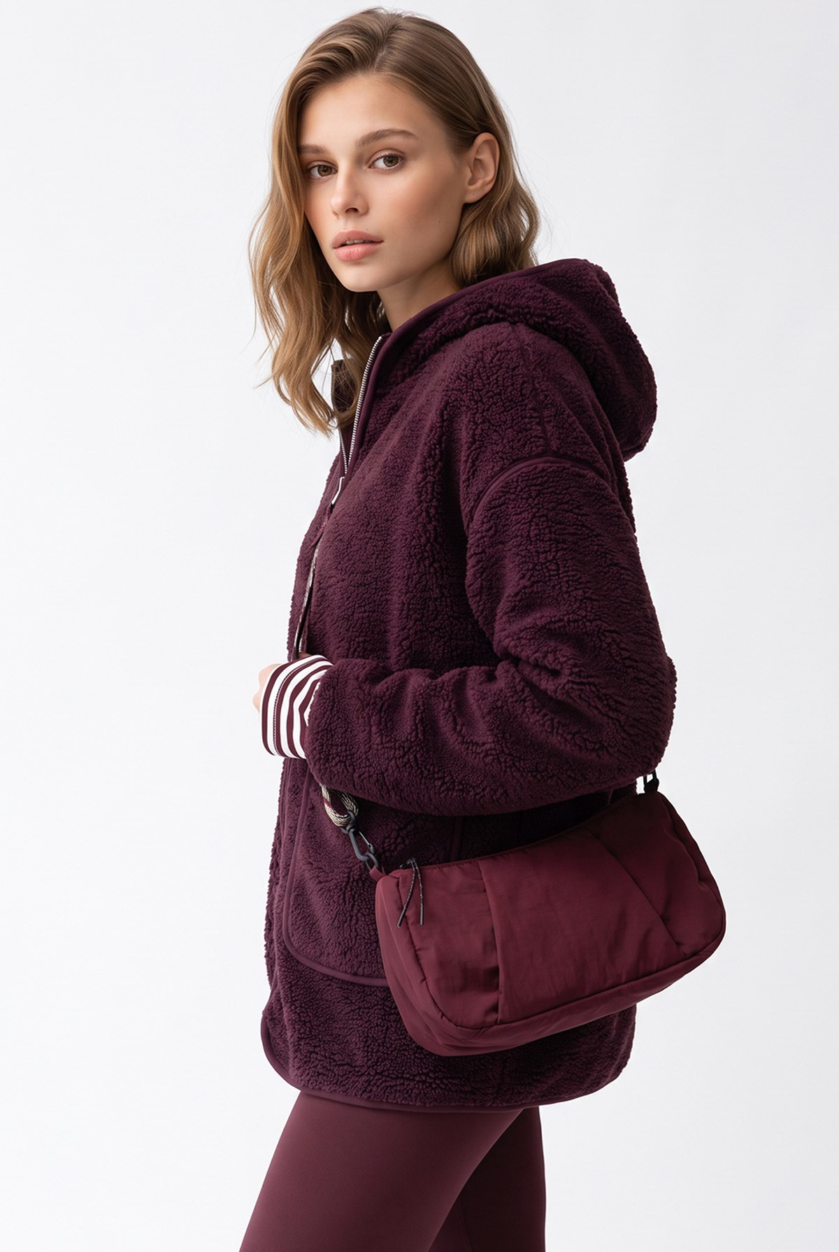 2233 Kapüşonlu Cepli Fermuarlı Yumuşak Doku Polar Sweatshirt Mürdüm