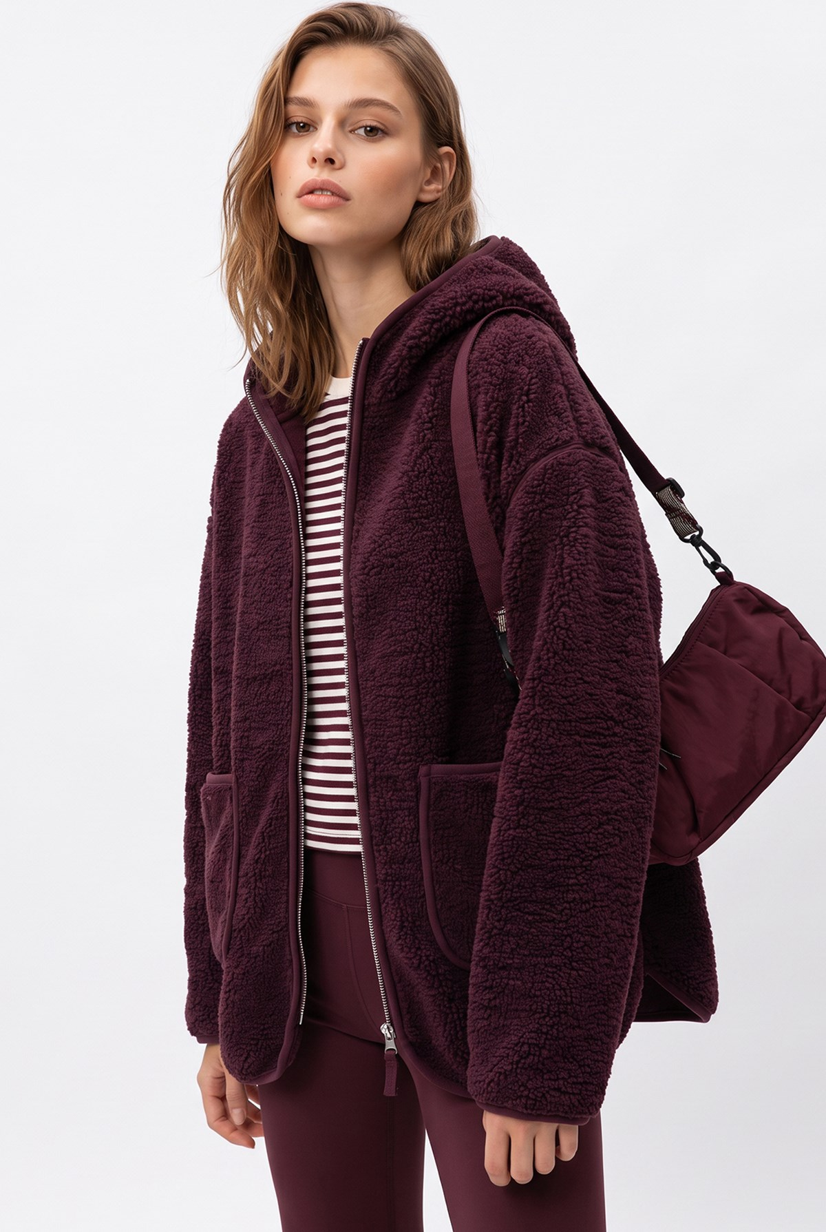 2233 Kapüşonlu Cepli Fermuarlı Yumuşak Doku Polar Sweatshirt Mürdüm