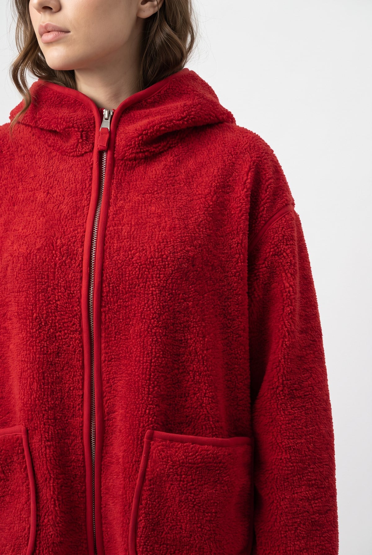 2233 Kapüşonlu Cepli Fermuarlı Yumuşak Doku Polar Sweatshirt Kırmızı