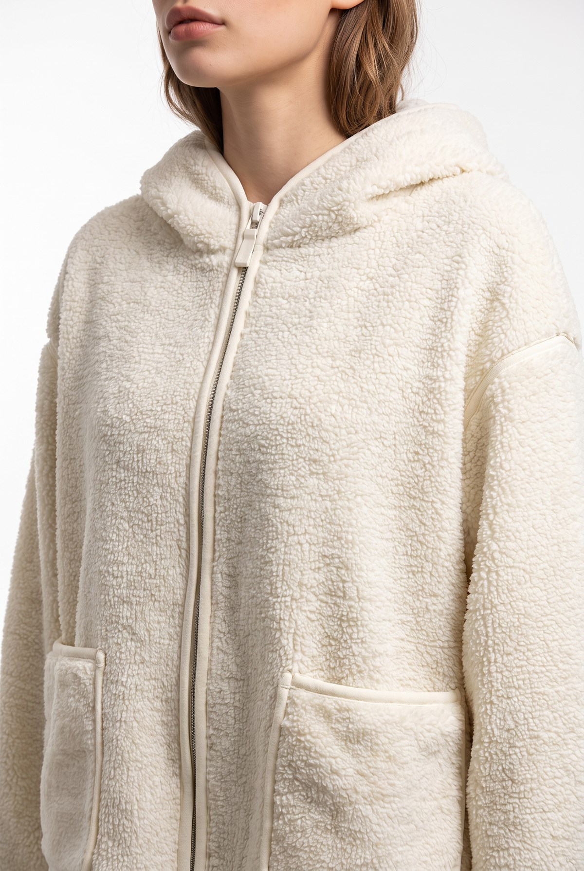 2233 Kapüşonlu Cepli Fermuarlı Yumuşak Doku Polar Sweatshirt Ekru