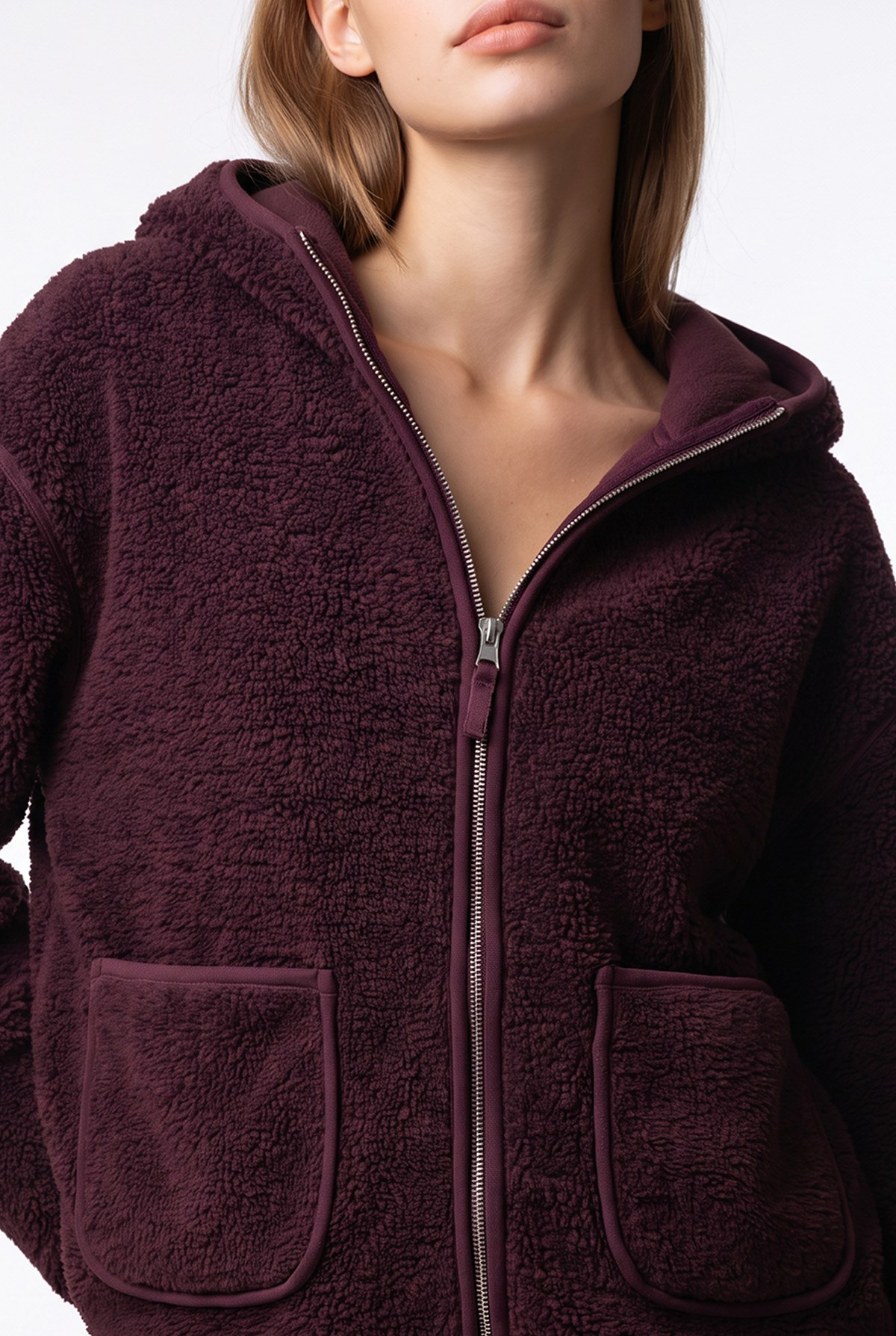 2233 Kapüşonlu Cepli Fermuarlı Yumuşak Doku Polar Sweatshirt Mürdüm