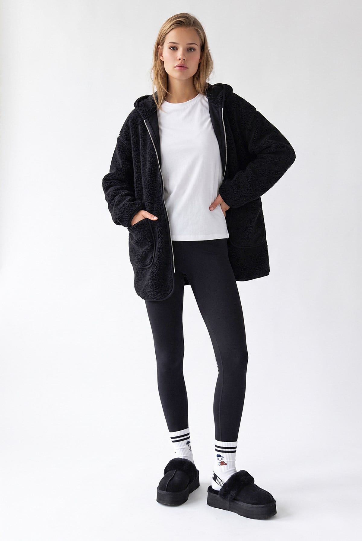 2233 Kapüşonlu Cepli Fermuarlı Yumuşak Doku Polar Sweatshirt Siyah