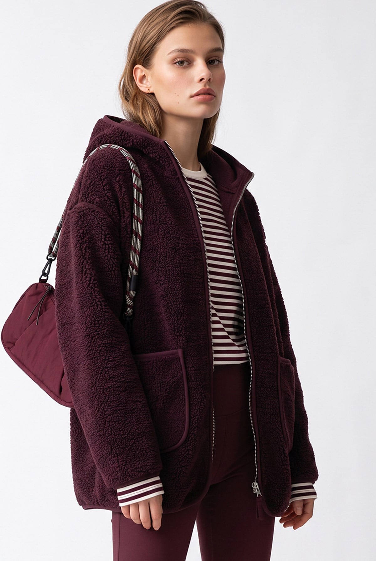 2233 Kapüşonlu Cepli Fermuarlı Yumuşak Doku Polar Sweatshirt Mürdüm