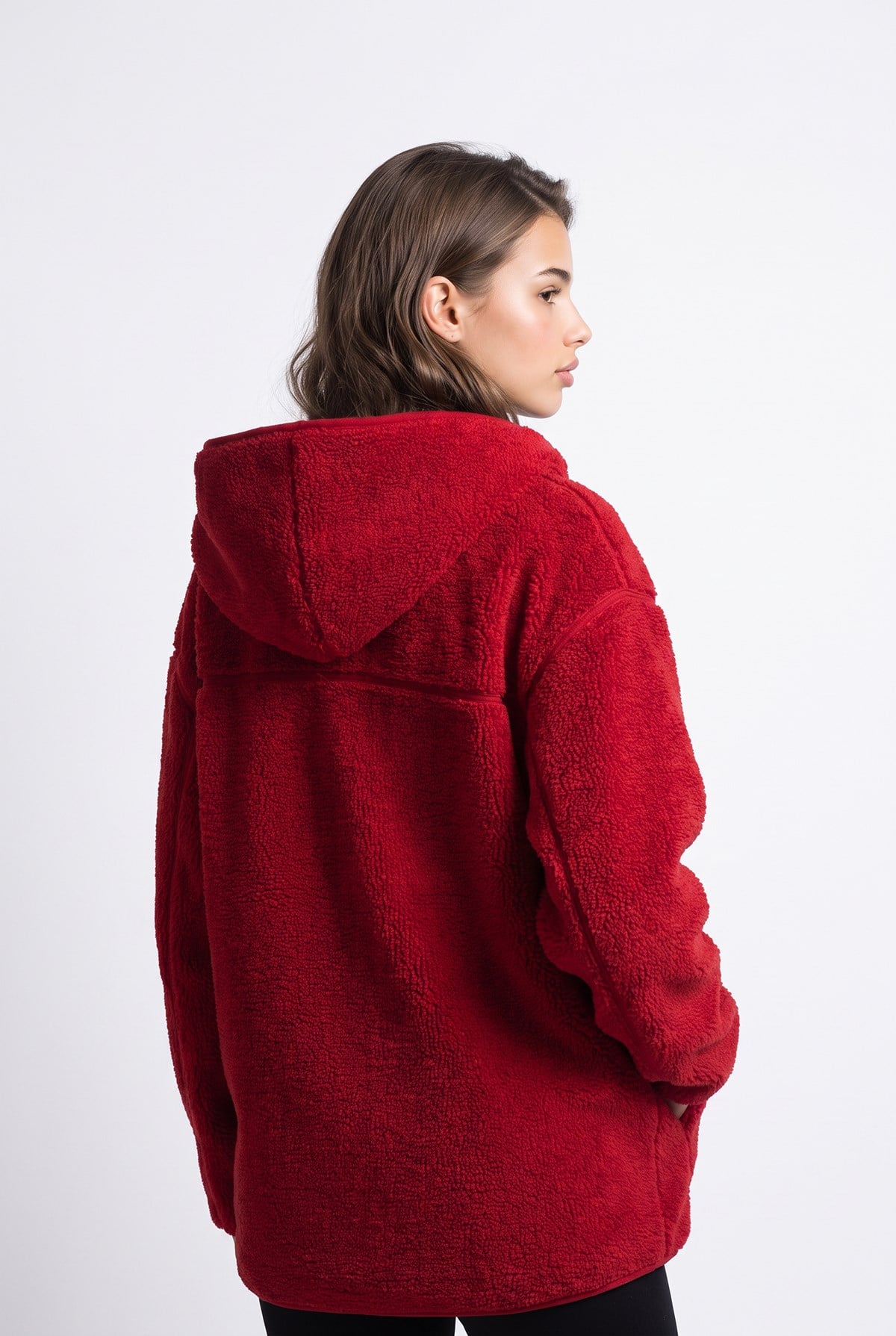 2233 Kapüşonlu Cepli Fermuarlı Yumuşak Doku Polar Sweatshirt Kırmızı