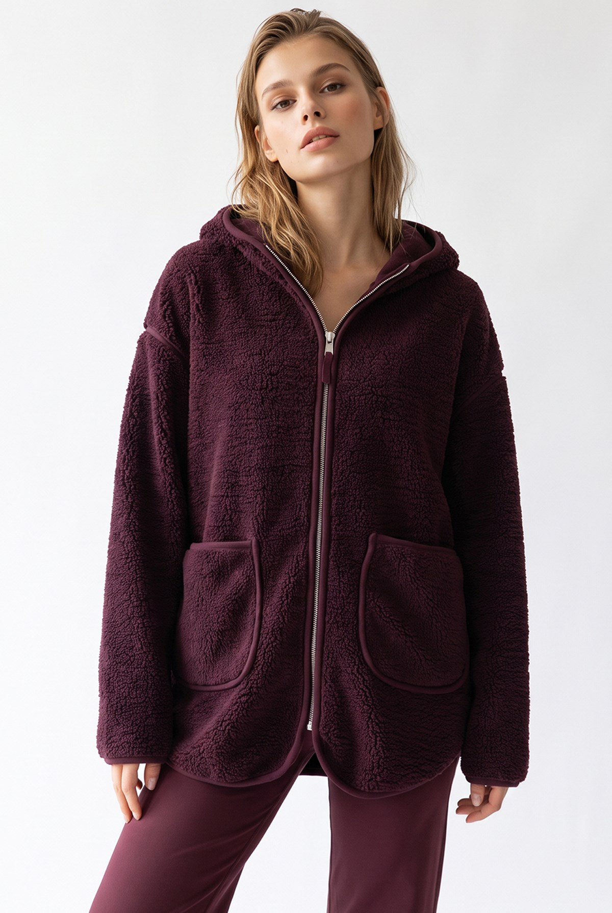2233 Kapüşonlu Cepli Fermuarlı Yumuşak Doku Polar Sweatshirt Mürdüm