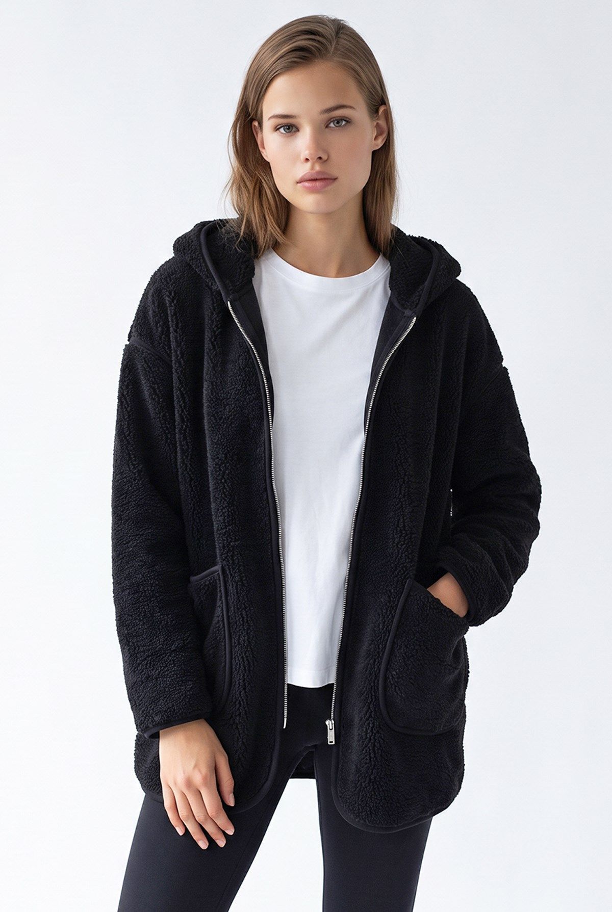 2233 Kapüşonlu Cepli Fermuarlı Yumuşak Doku Polar Sweatshirt Siyah
