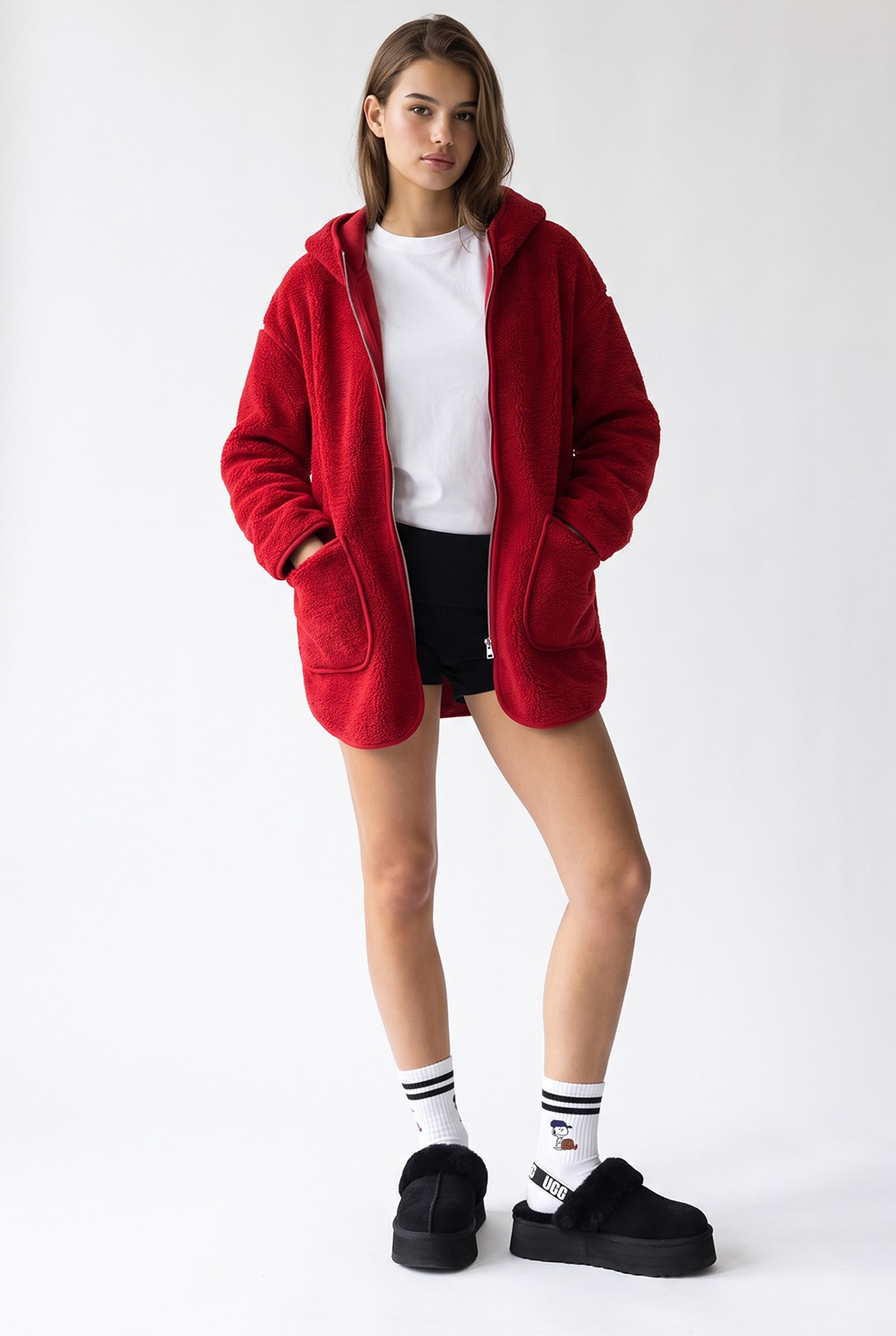 2233 Kapüşonlu Cepli Fermuarlı Yumuşak Doku Polar Sweatshirt Kırmızı