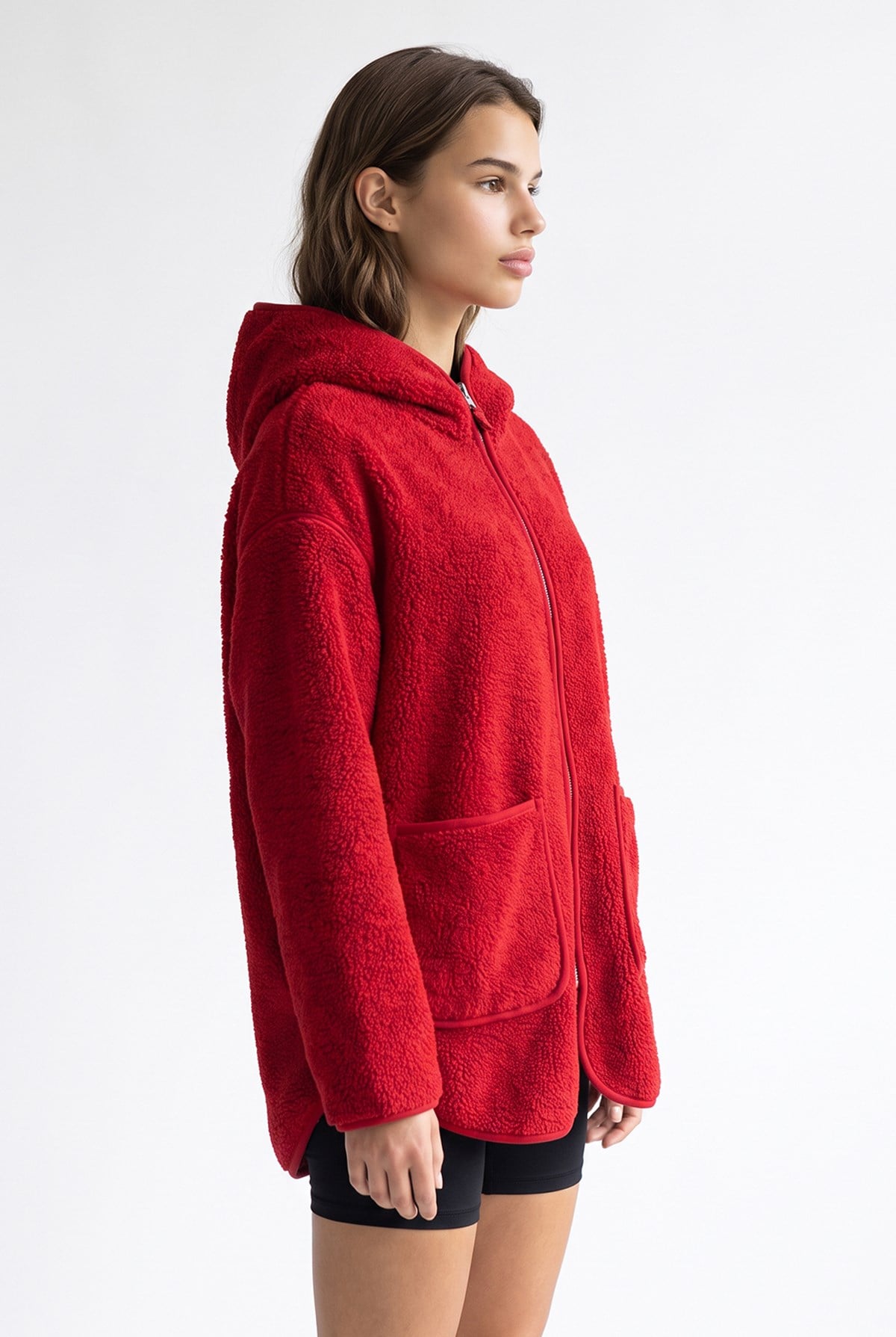2233 Kapüşonlu Cepli Fermuarlı Yumuşak Doku Polar Sweatshirt Kırmızı