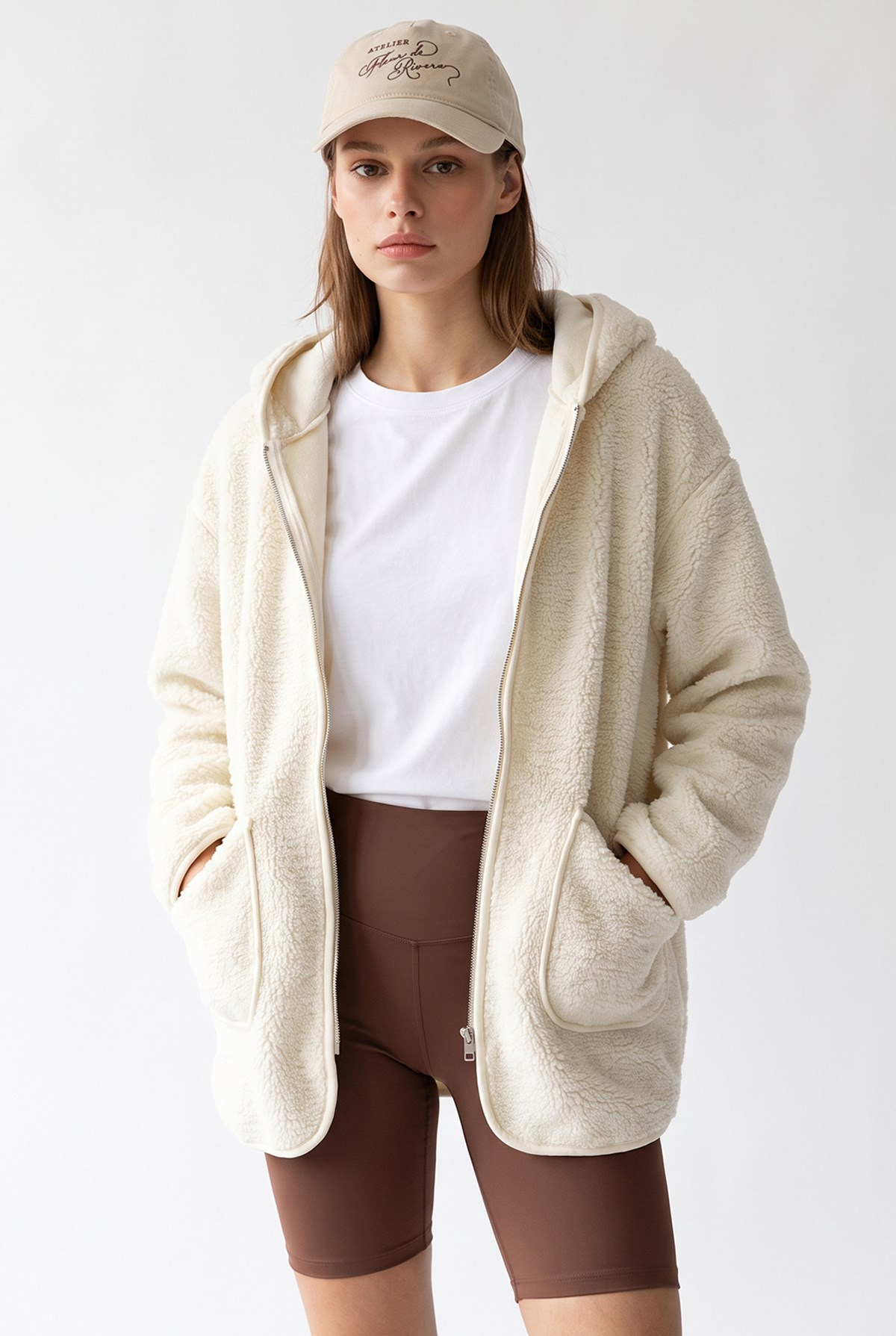 2233 Kapüşonlu Cepli Fermuarlı Yumuşak Doku Polar Sweatshirt Ekru