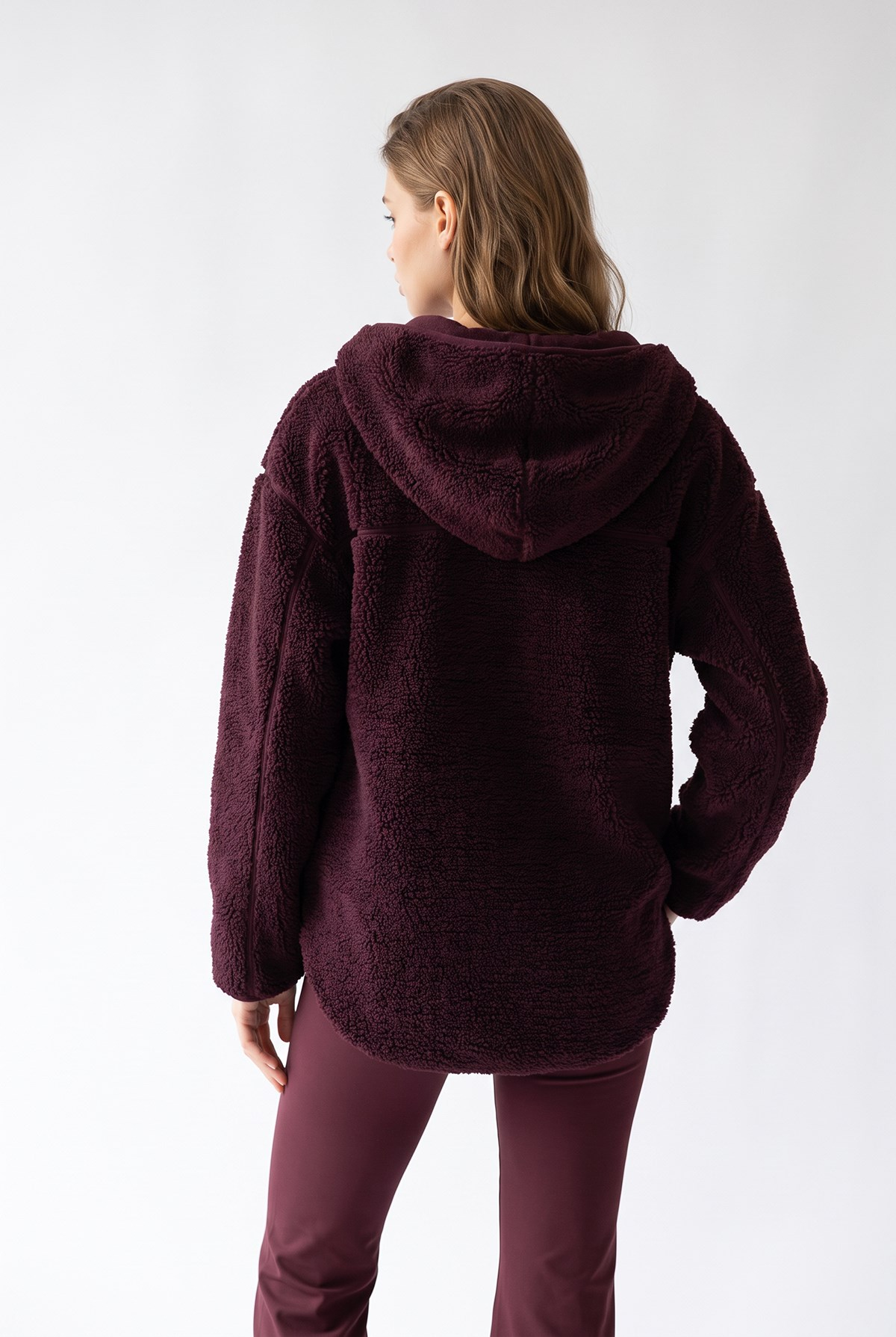 2233 Kapüşonlu Cepli Fermuarlı Yumuşak Doku Polar Sweatshirt Mürdüm