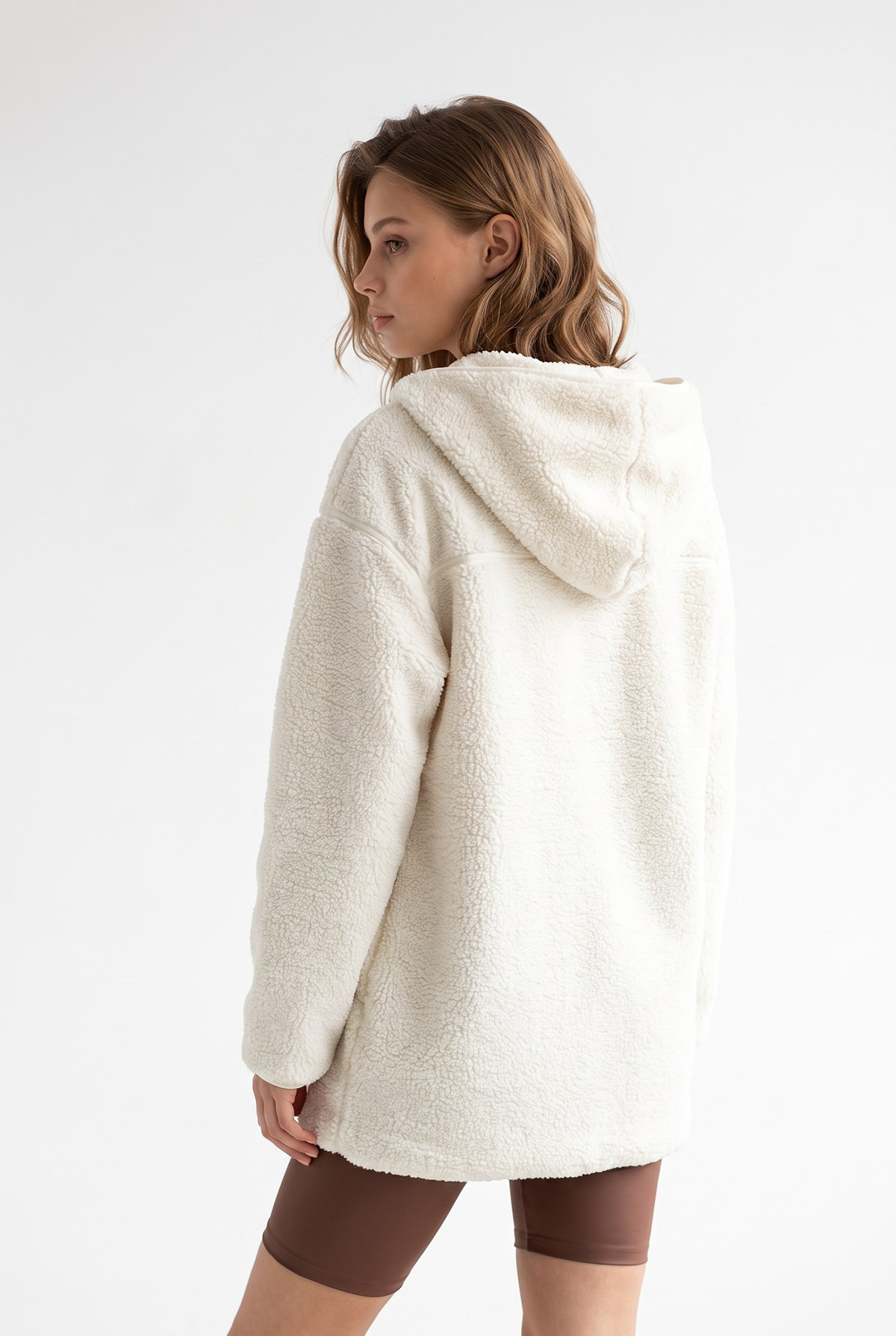 2233 Kapüşonlu Cepli Fermuarlı Yumuşak Doku Polar Sweatshirt Ekru