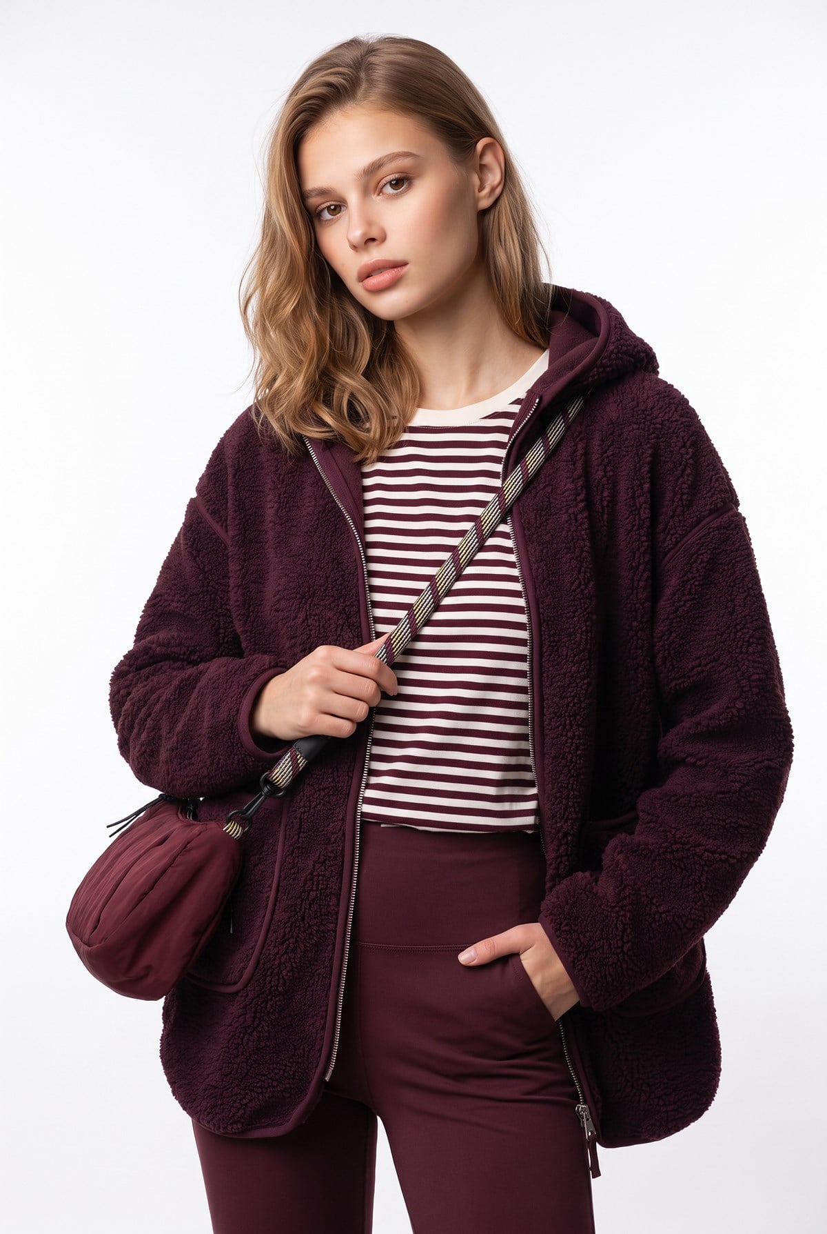 2233 Kapüşonlu Cepli Fermuarlı Yumuşak Doku Polar Sweatshirt Mürdüm
