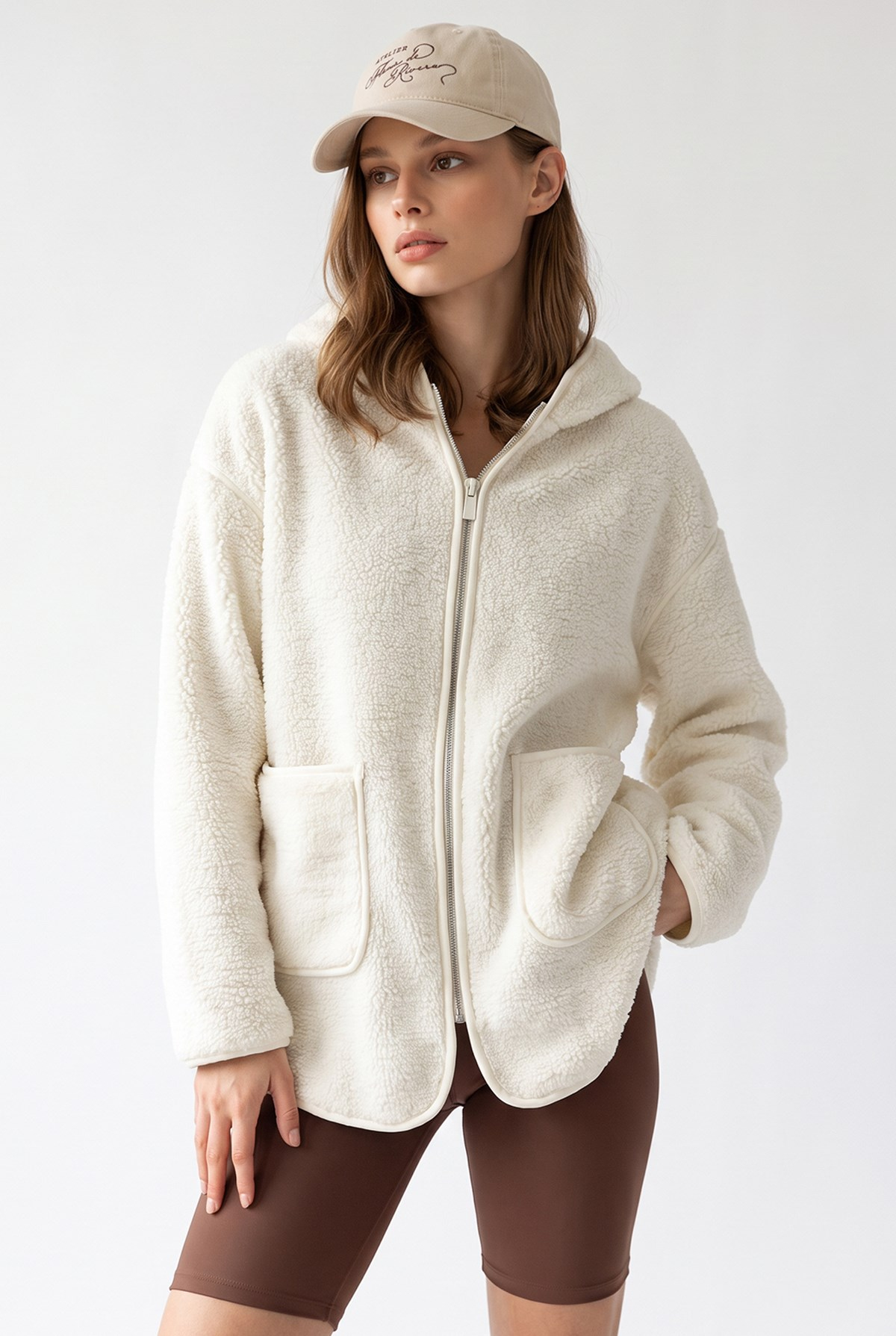 2233 Kapüşonlu Cepli Fermuarlı Yumuşak Doku Polar Sweatshirt Ekru