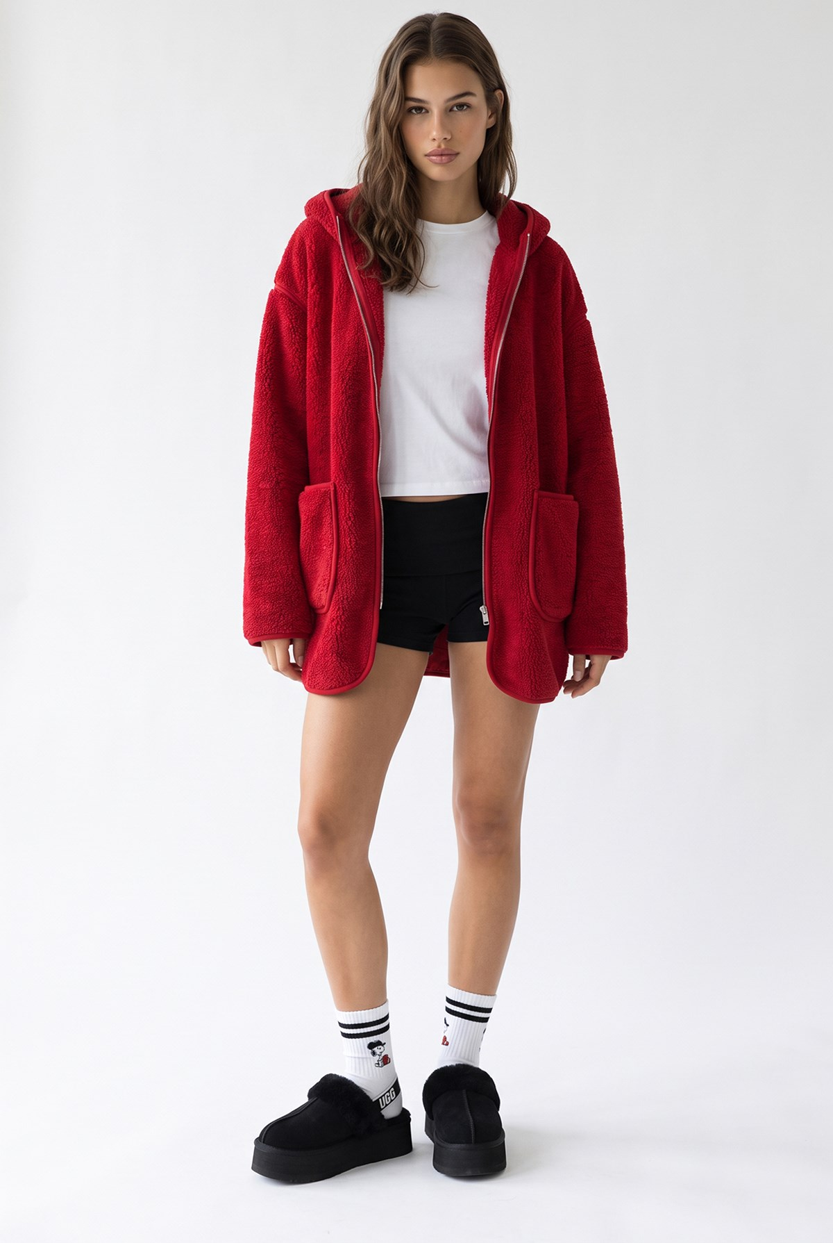 2233 Kapüşonlu Cepli Fermuarlı Yumuşak Doku Polar Sweatshirt Kırmızı