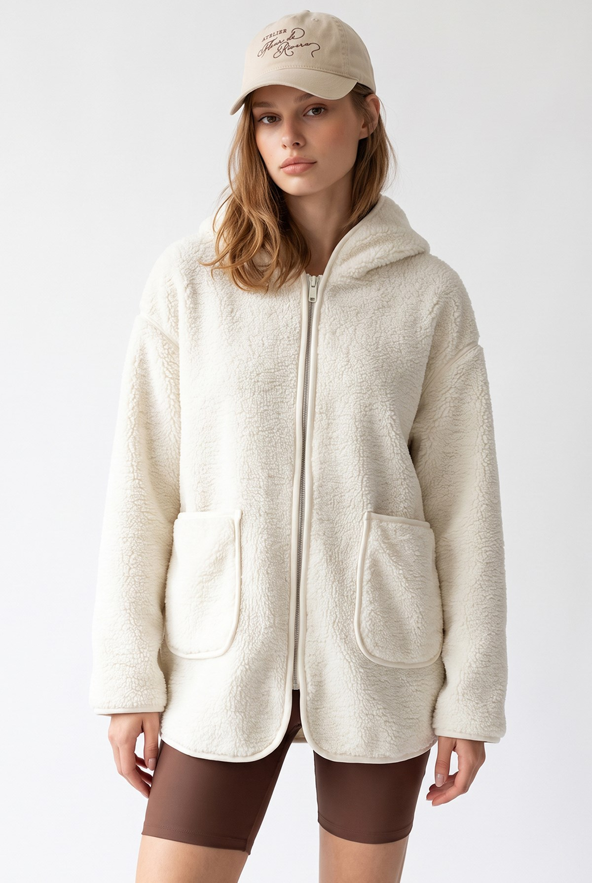 2233 Kapüşonlu Cepli Fermuarlı Yumuşak Doku Polar Sweatshirt Ekru