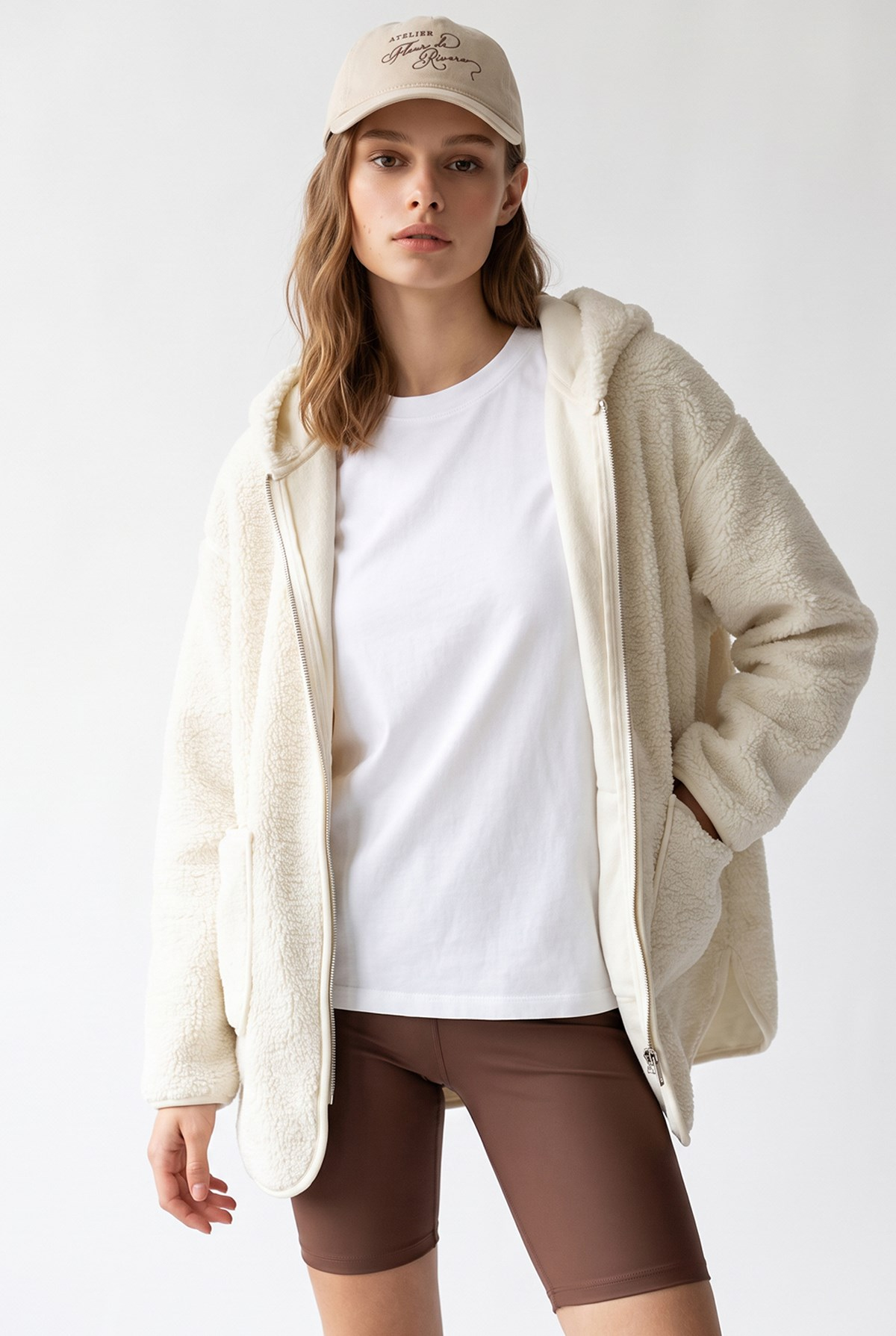 2233 Kapüşonlu Cepli Fermuarlı Yumuşak Doku Polar Sweatshirt Ekru