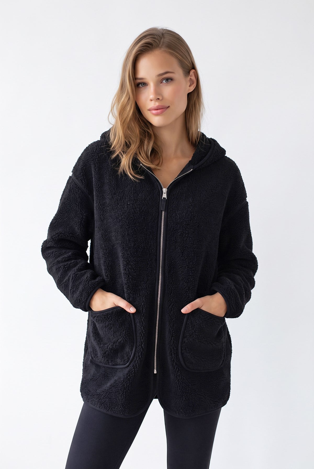2233 Kapüşonlu Cepli Fermuarlı Yumuşak Doku Polar Sweatshirt Siyah