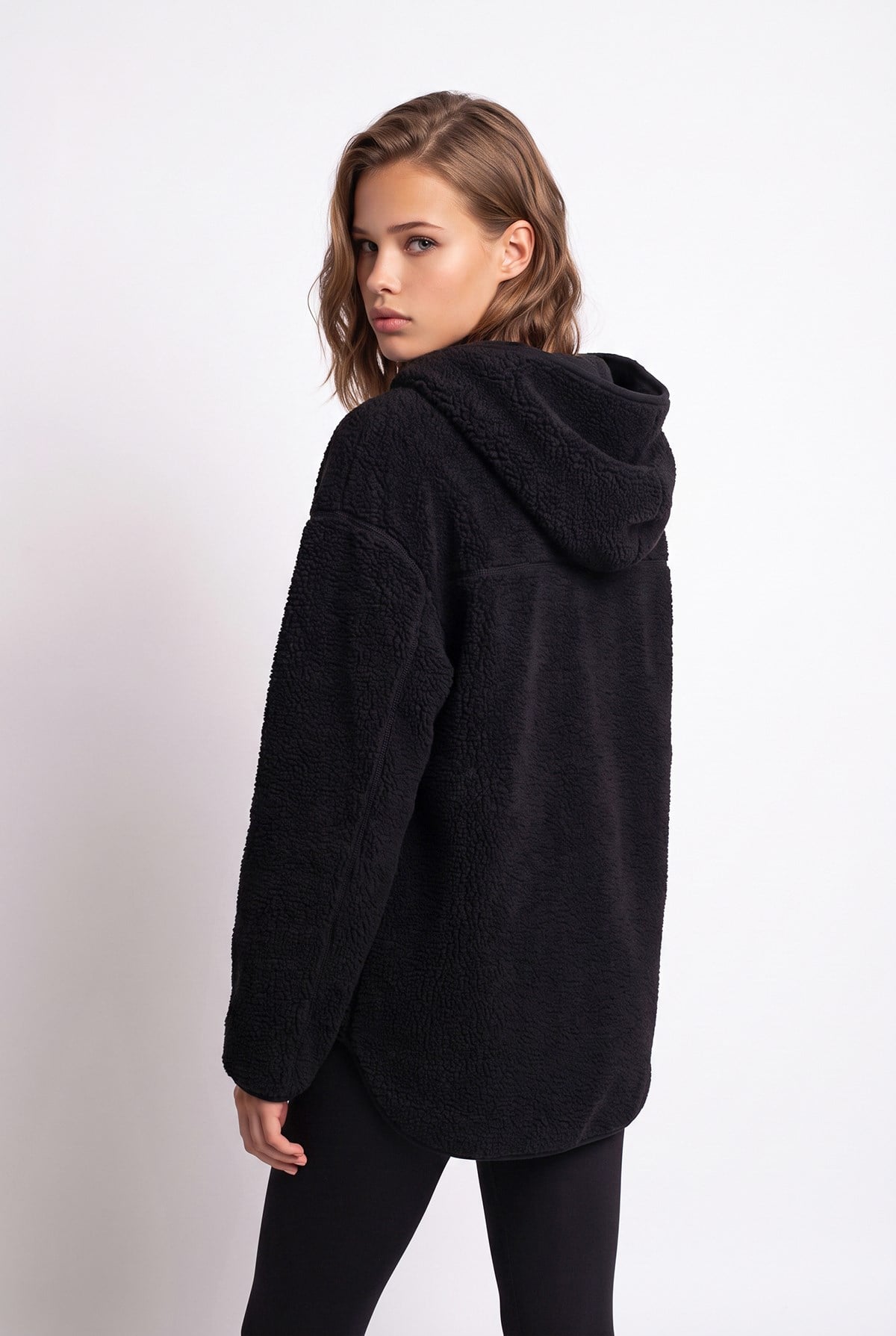 2233 Kapüşonlu Cepli Fermuarlı Yumuşak Doku Polar Sweatshirt Siyah