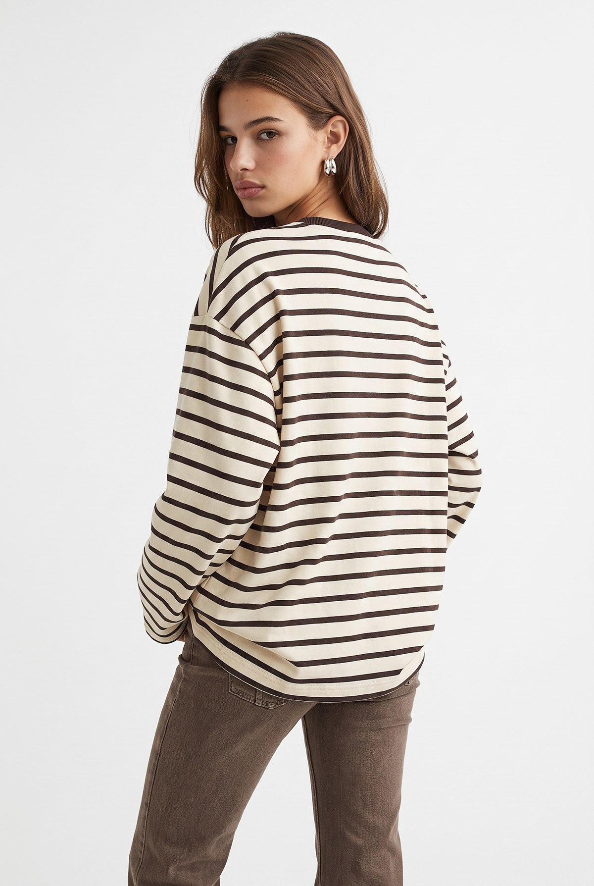 2236 Çizgili Bisiklet Yaka Uzun Kol Oversize Sweatshirt Kahve