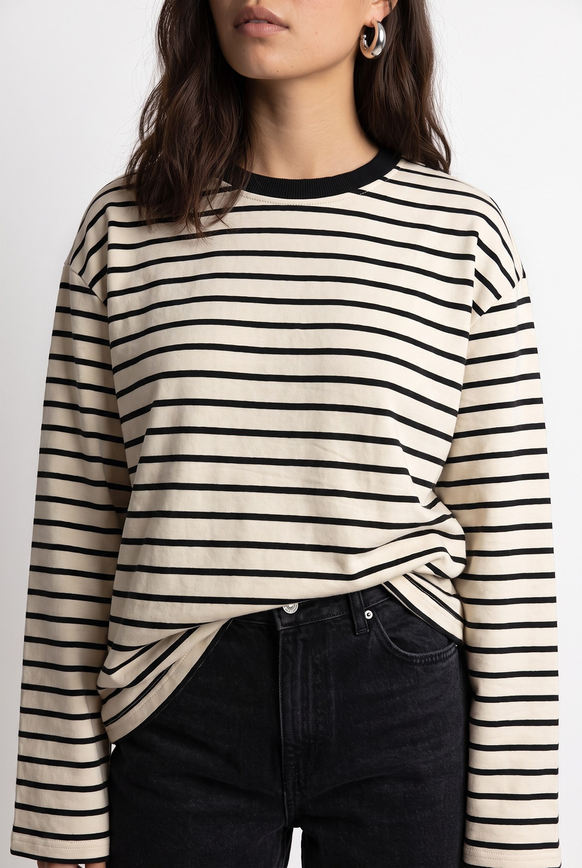 2236 Çizgili Bisiklet Yaka Uzun Kol Oversize Sweatshirt Siyah