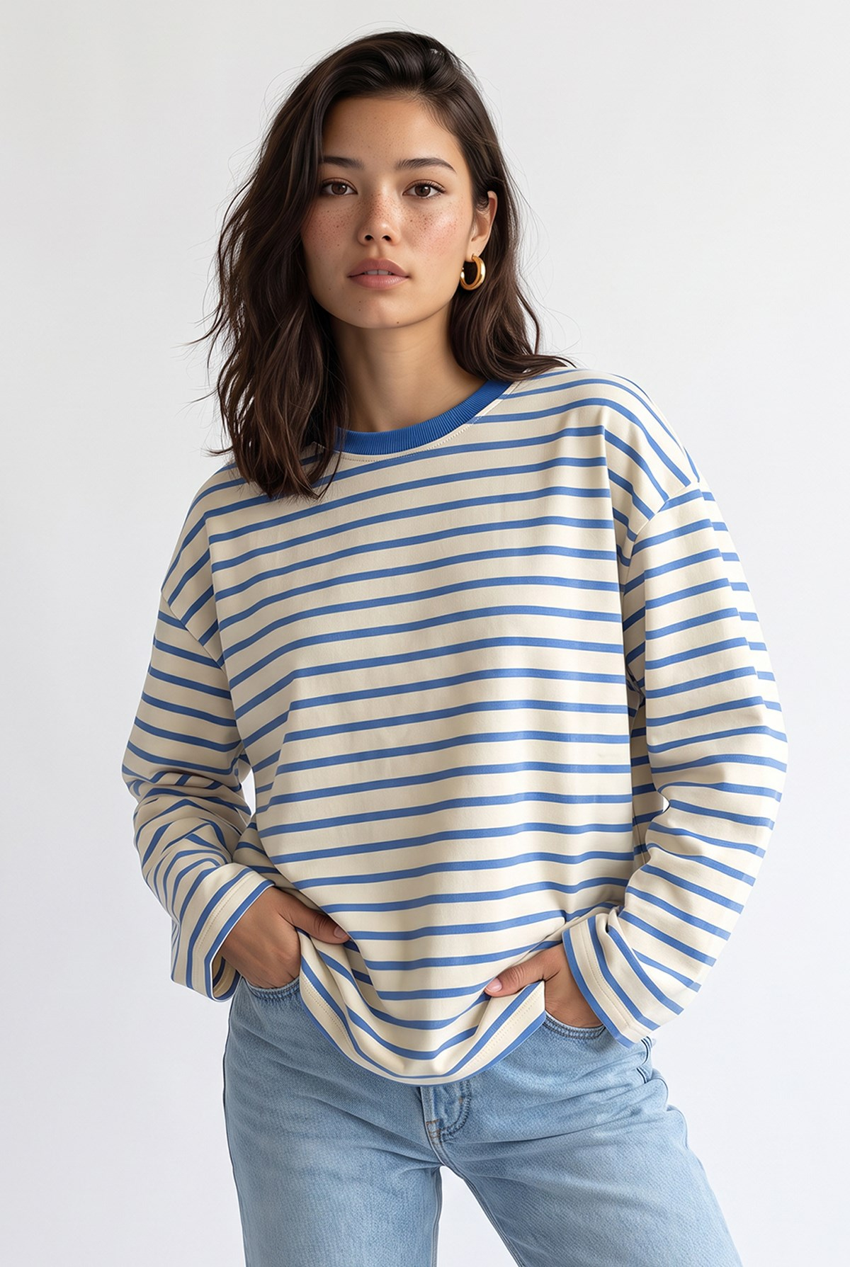 2236 Çizgili Bisiklet Yaka Uzun Kol Oversize Sweatshirt Mavi