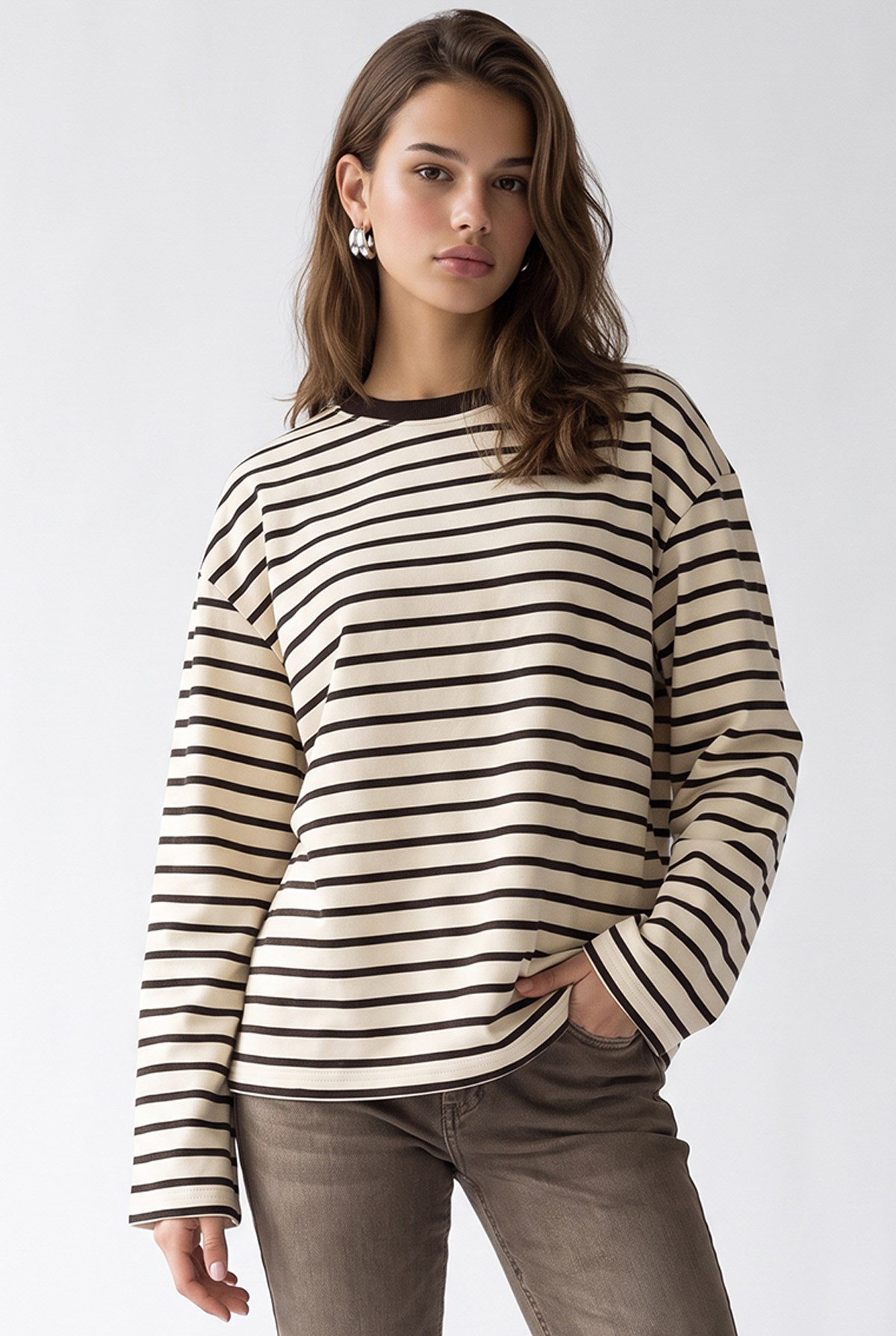 2236 Çizgili Bisiklet Yaka Uzun Kol Oversize Sweatshirt Kahve
