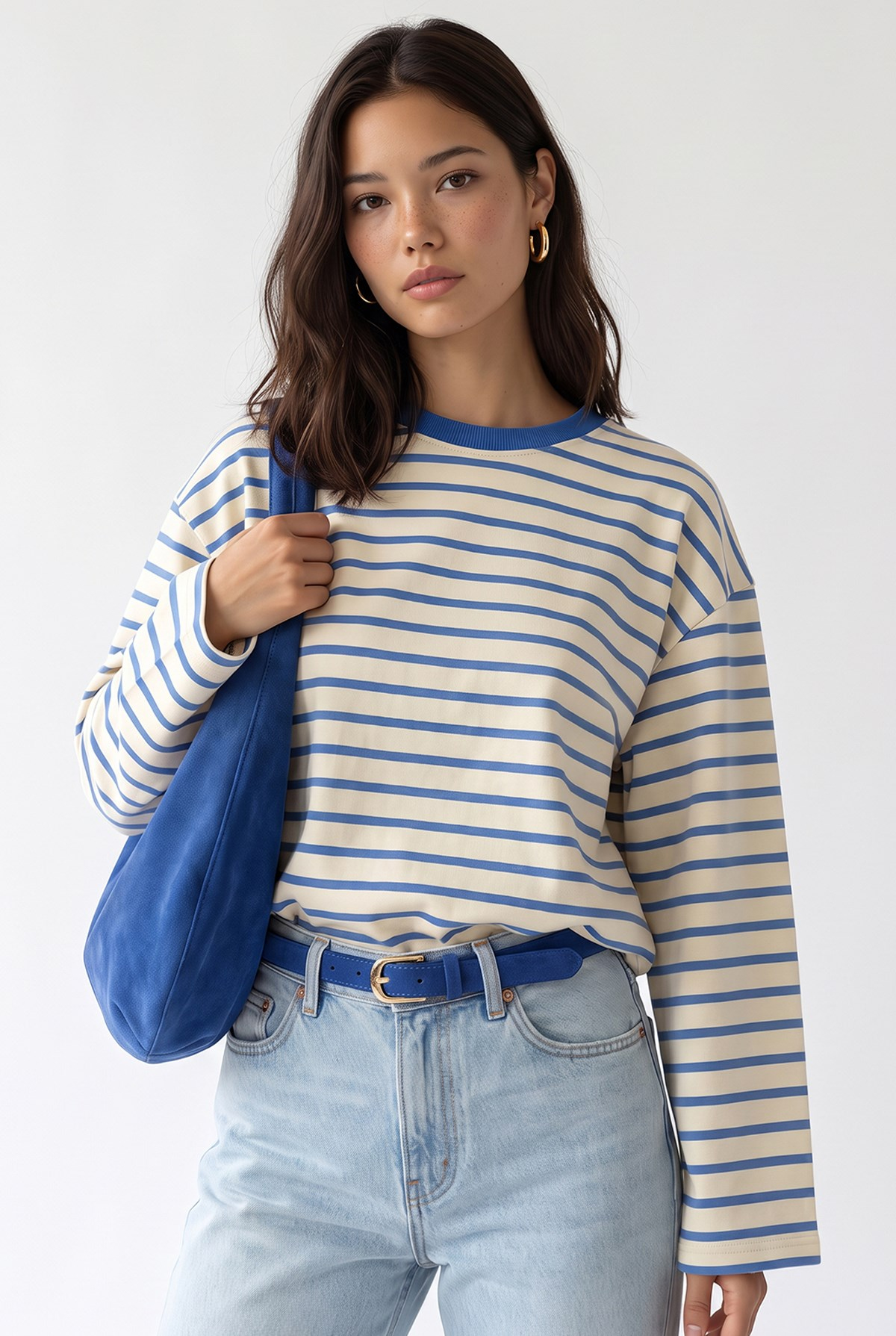 2236 Çizgili Bisiklet Yaka Uzun Kol Oversize Sweatshirt Mavi