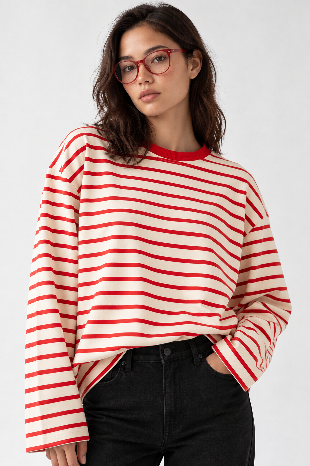 2236 Çizgili Bisiklet Yaka Uzun Kol Oversize Sweatshirt Kırmızı