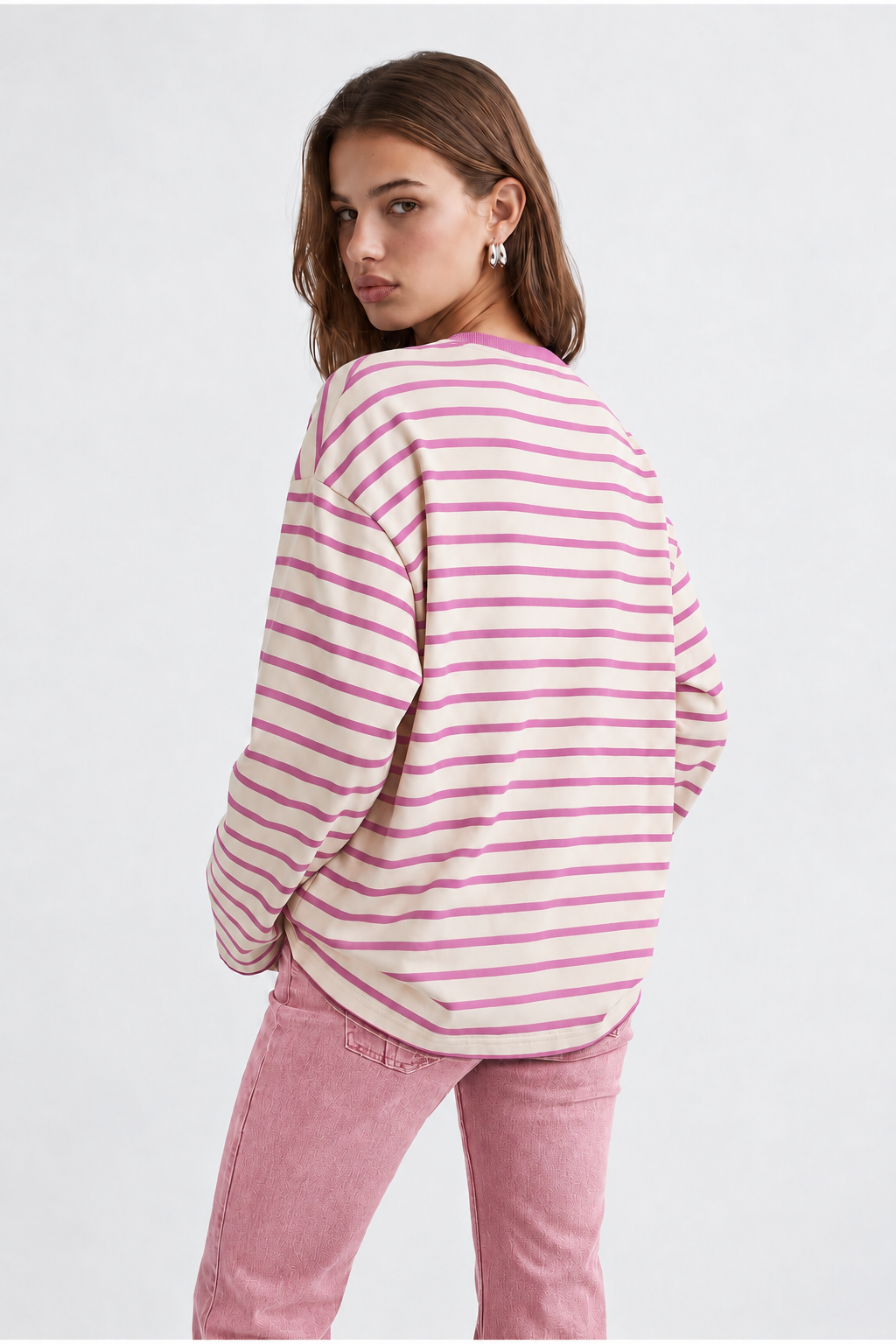 2236 Çizgili Bisiklet Yaka Uzun Kol Oversize Sweatshirt Pembe