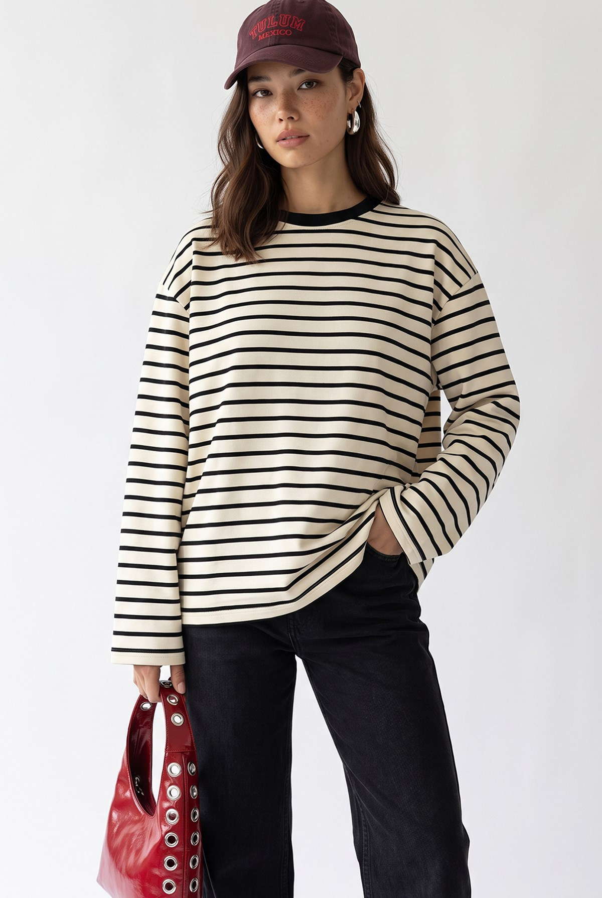 2236 Çizgili Bisiklet Yaka Uzun Kol Oversize Sweatshirt Siyah