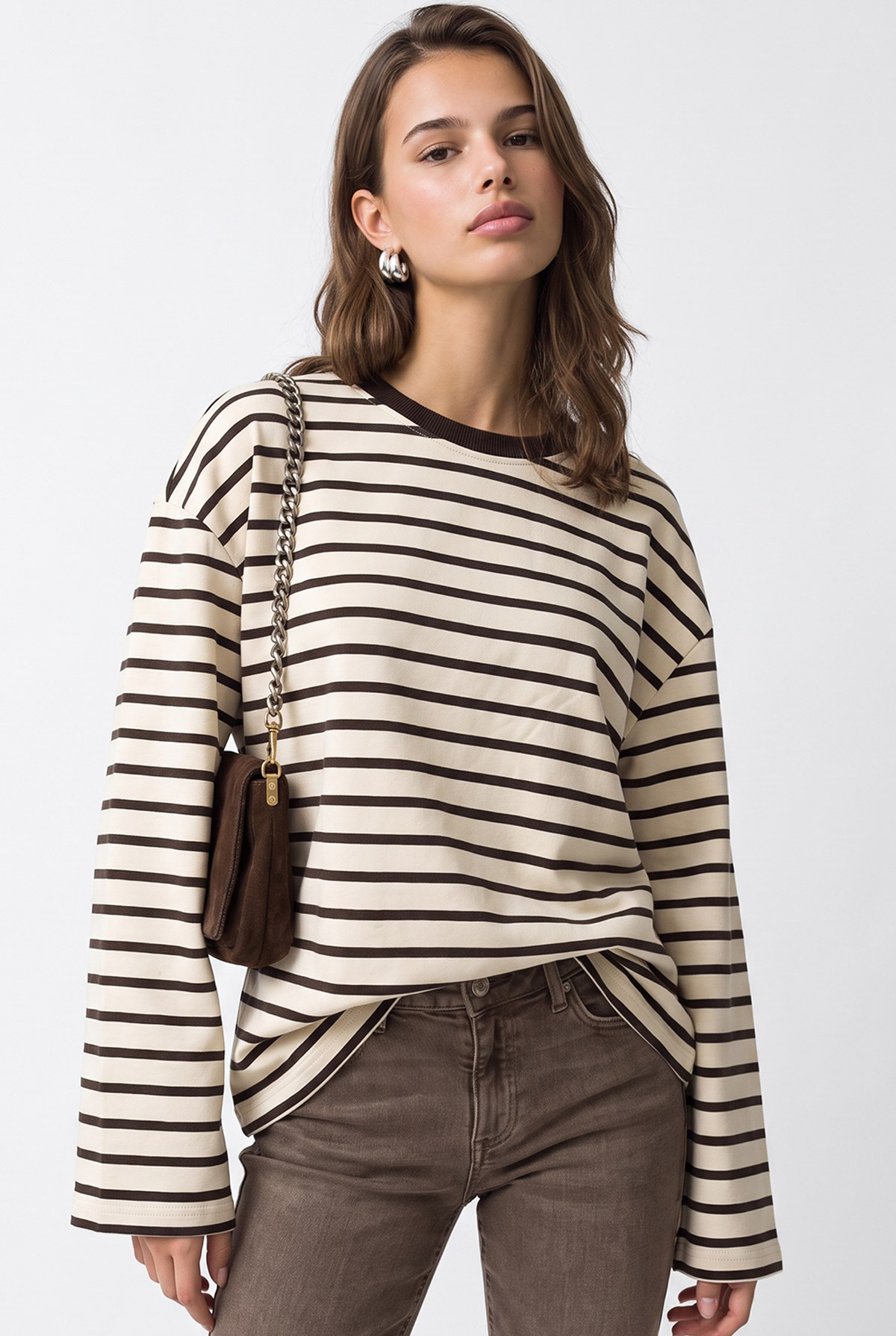2236 Çizgili Bisiklet Yaka Uzun Kol Oversize Sweatshirt Kahve