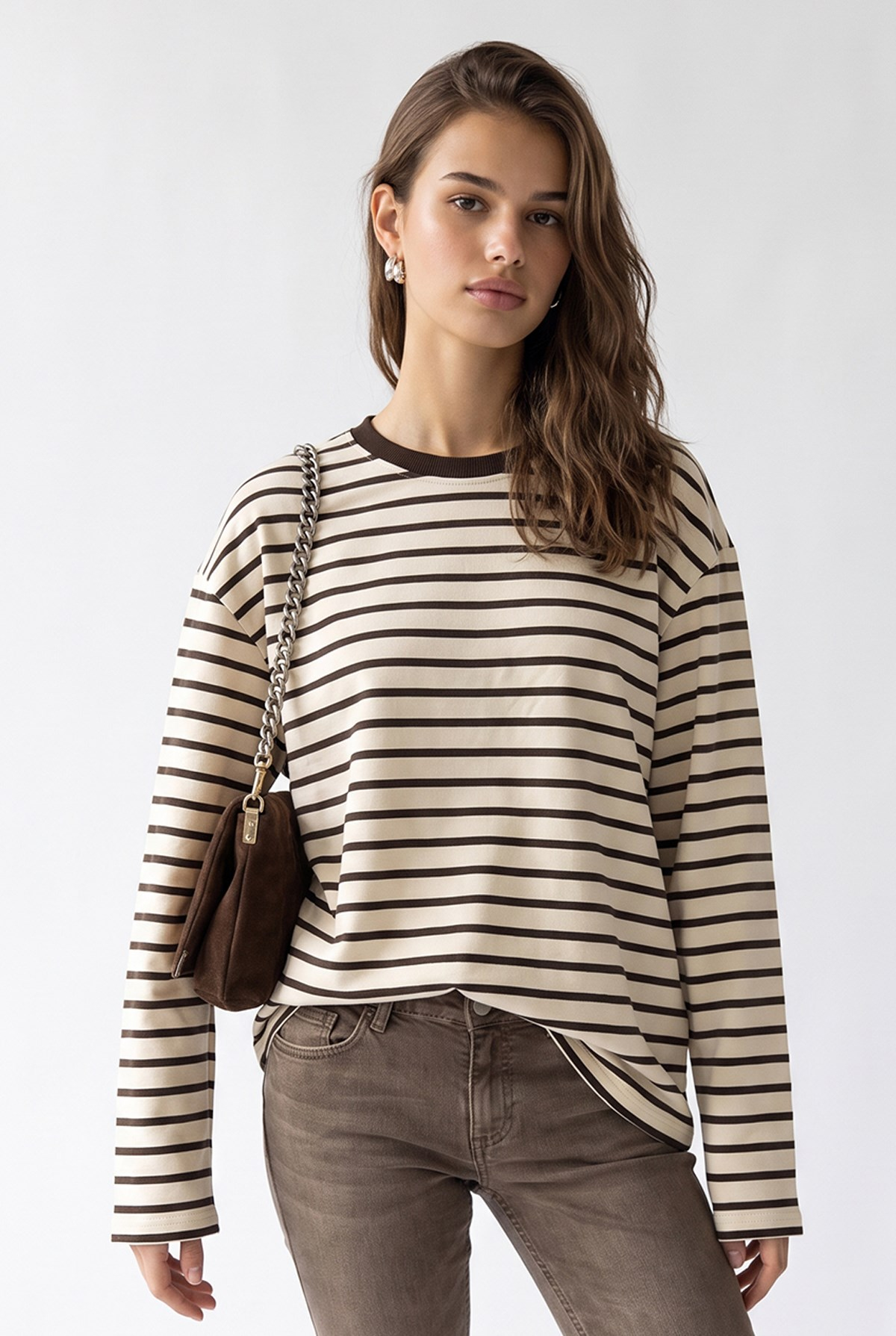 2236 Çizgili Bisiklet Yaka Uzun Kol Oversize Sweatshirt Kahve