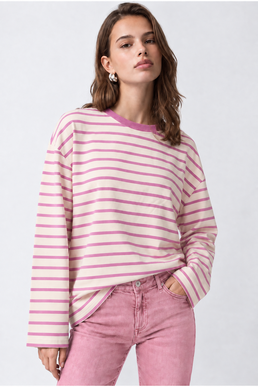 2236 Çizgili Bisiklet Yaka Uzun Kol Oversize Sweatshirt Pembe