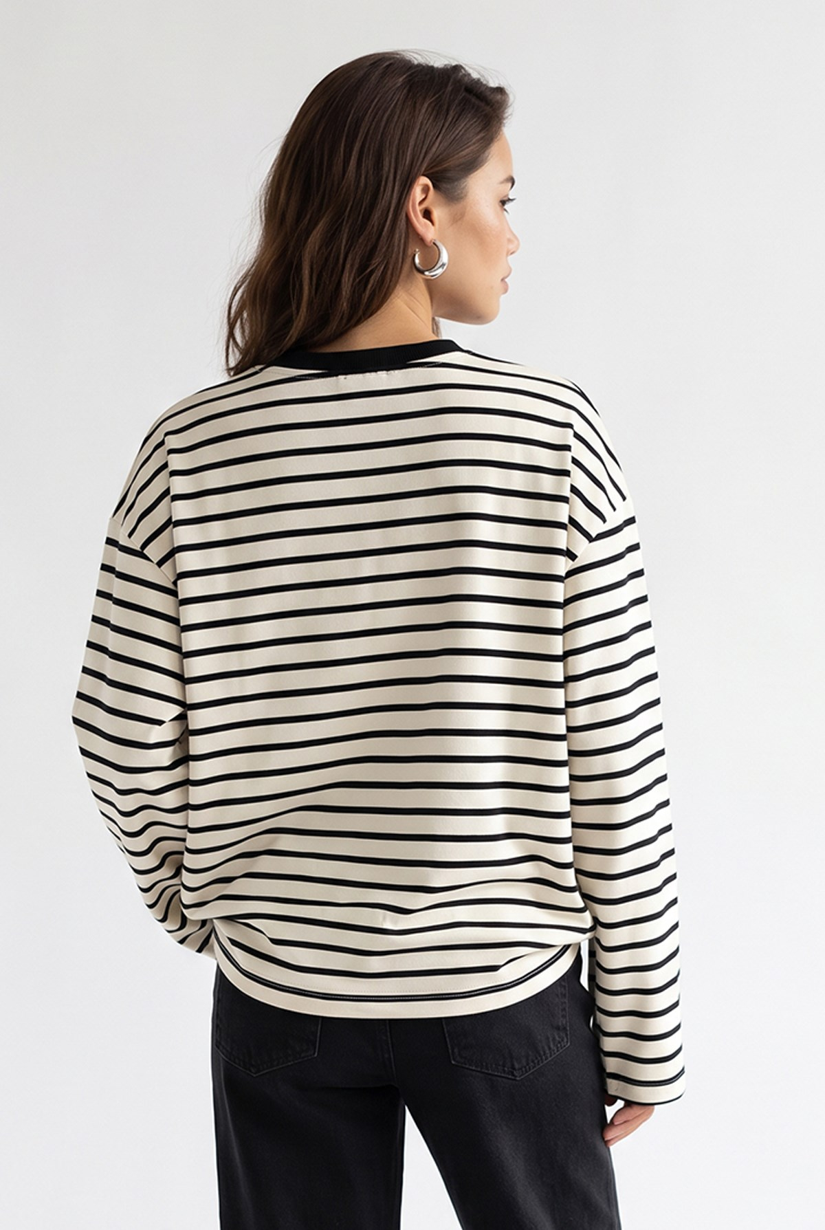 2236 Çizgili Bisiklet Yaka Uzun Kol Oversize Sweatshirt Siyah