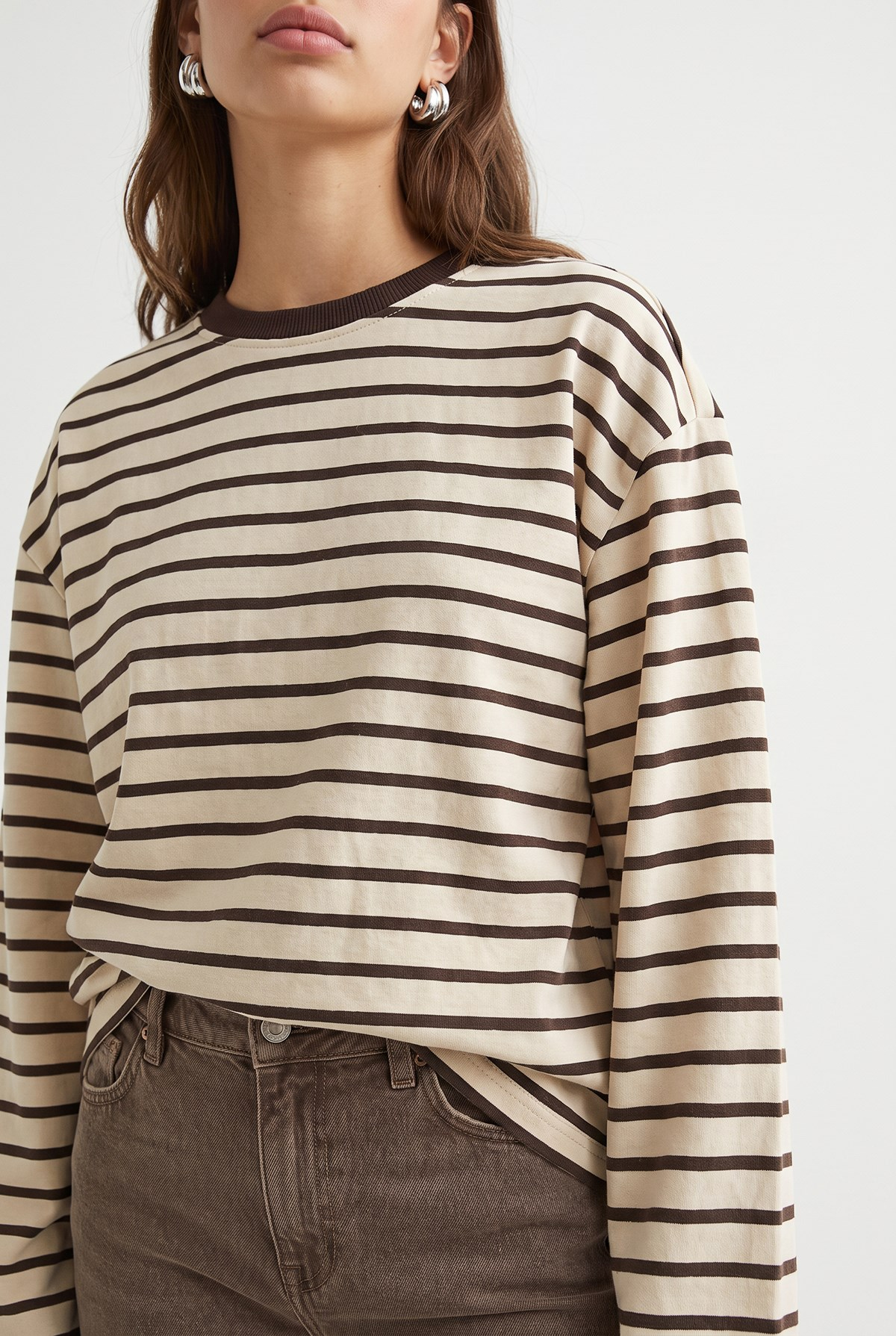 2236 Çizgili Bisiklet Yaka Uzun Kol Oversize Sweatshirt Kahve