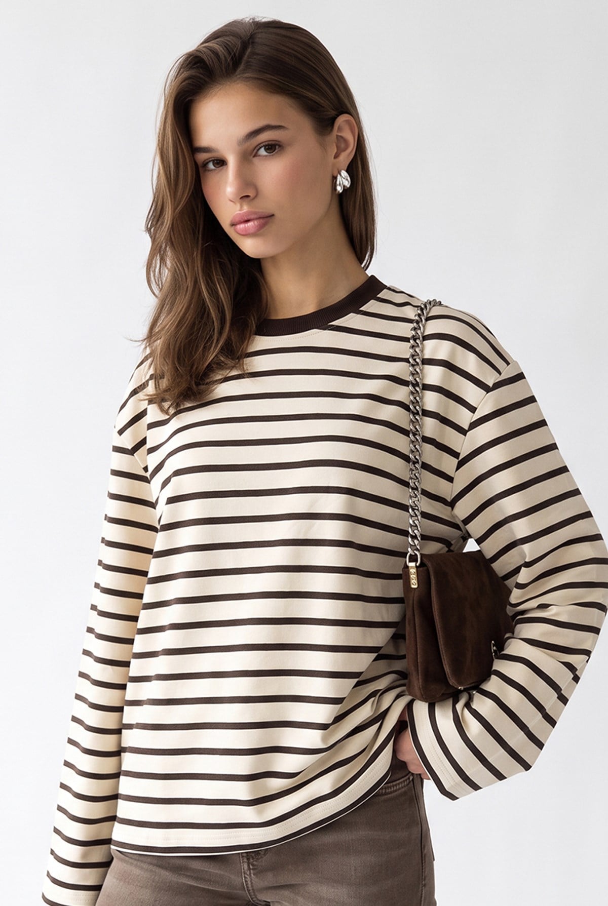 2236 Çizgili Bisiklet Yaka Uzun Kol Oversize Sweatshirt Kahve